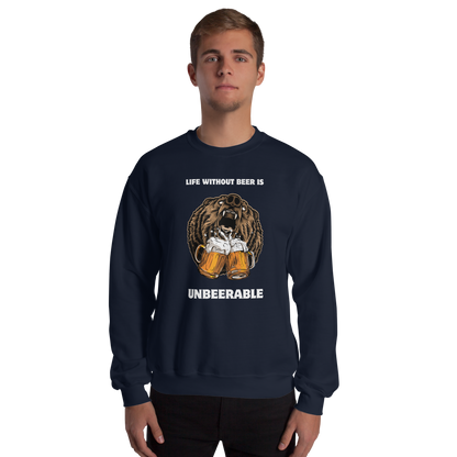 Man wearing a Navy Bear Sweatshirt featuring a Life Without Beer Is Unbeerable graphic on the chest - Funny Graphic Bear Sweatshirts - Boozy Fox