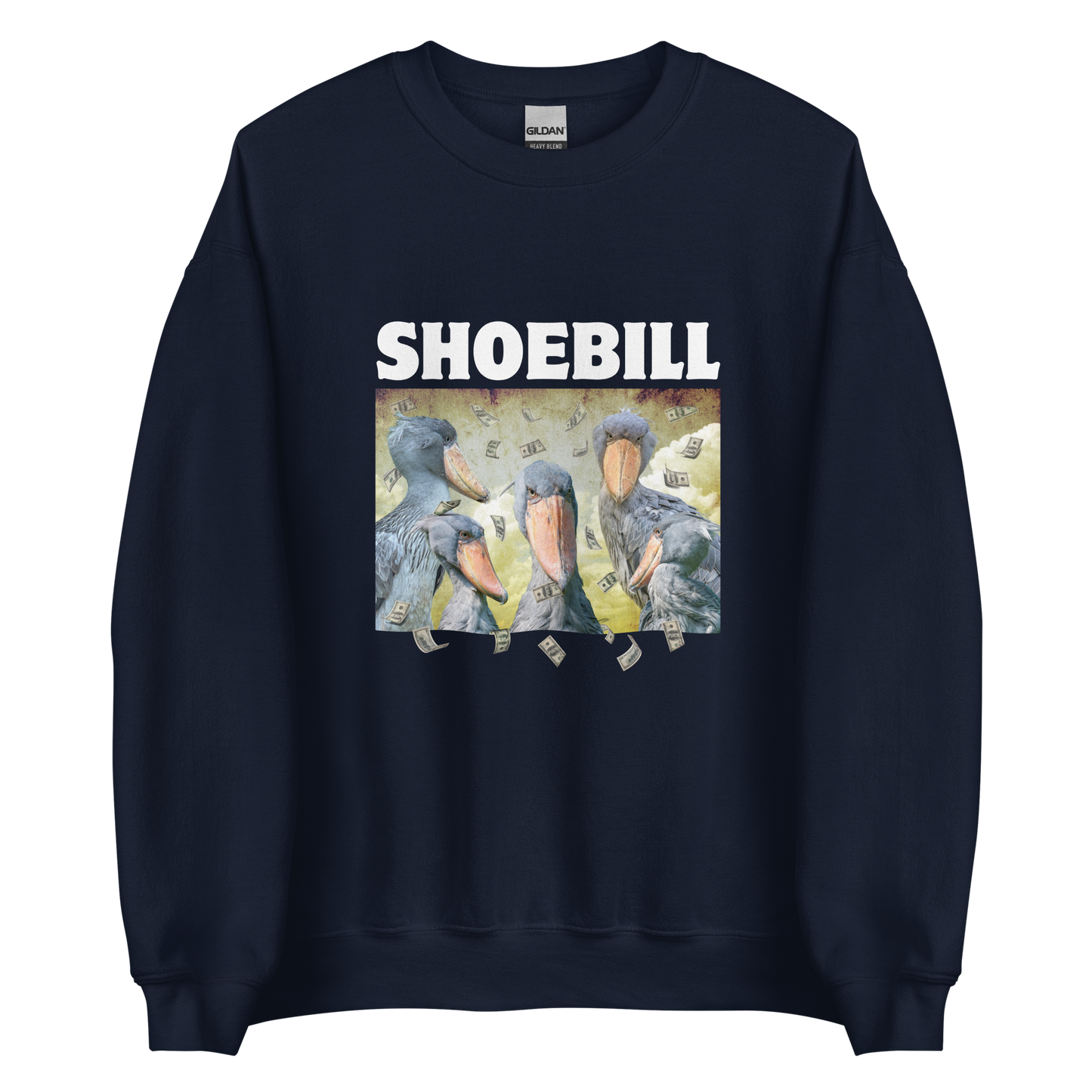 Navy Shoebill Sweatshirt featuring a cool Shoebill graphic on the chest - Artsy/Funny Graphic Shoebill Stork Sweatshirts - Boozy Fox