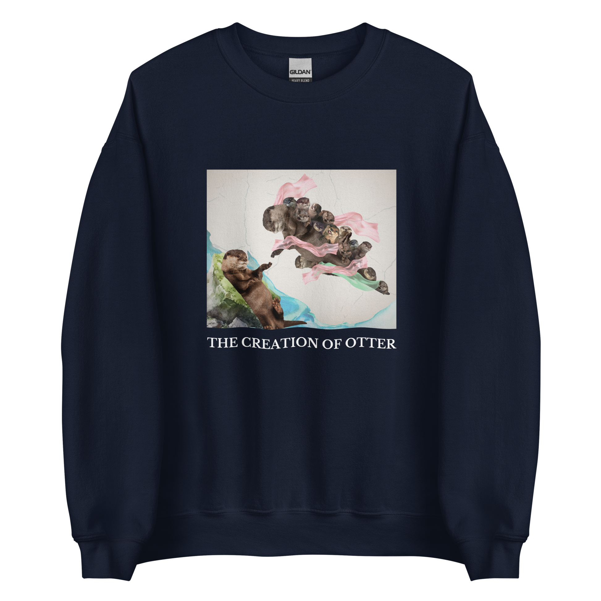 Navy Otter Sweatshirt featuring a playful The Creation of Otter parody of Michelangelo's masterpiece - Artsy/Funny Graphic Otter Sweatshirts - Boozy Fox
