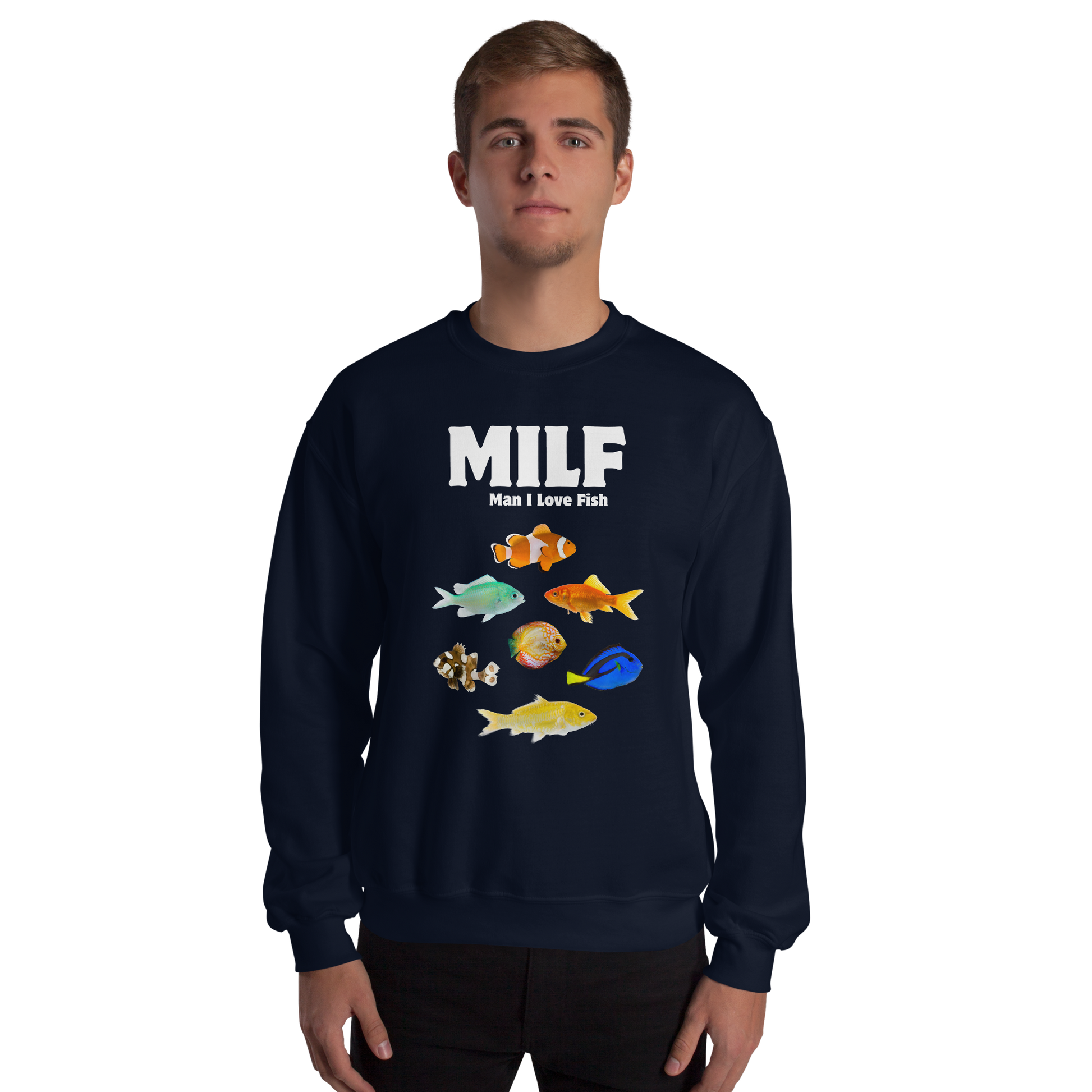 Man wearing a navy Man I Love Fish Sweatshirt - Boozy Fox