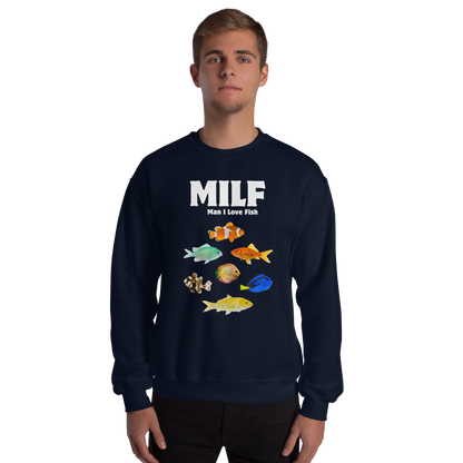 Man wearing a navy Man I Love Fish Sweatshirt - Boozy Fox