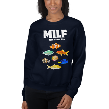Woman wearing a navy Man I Love Fish Sweatshirt - Boozy Fox