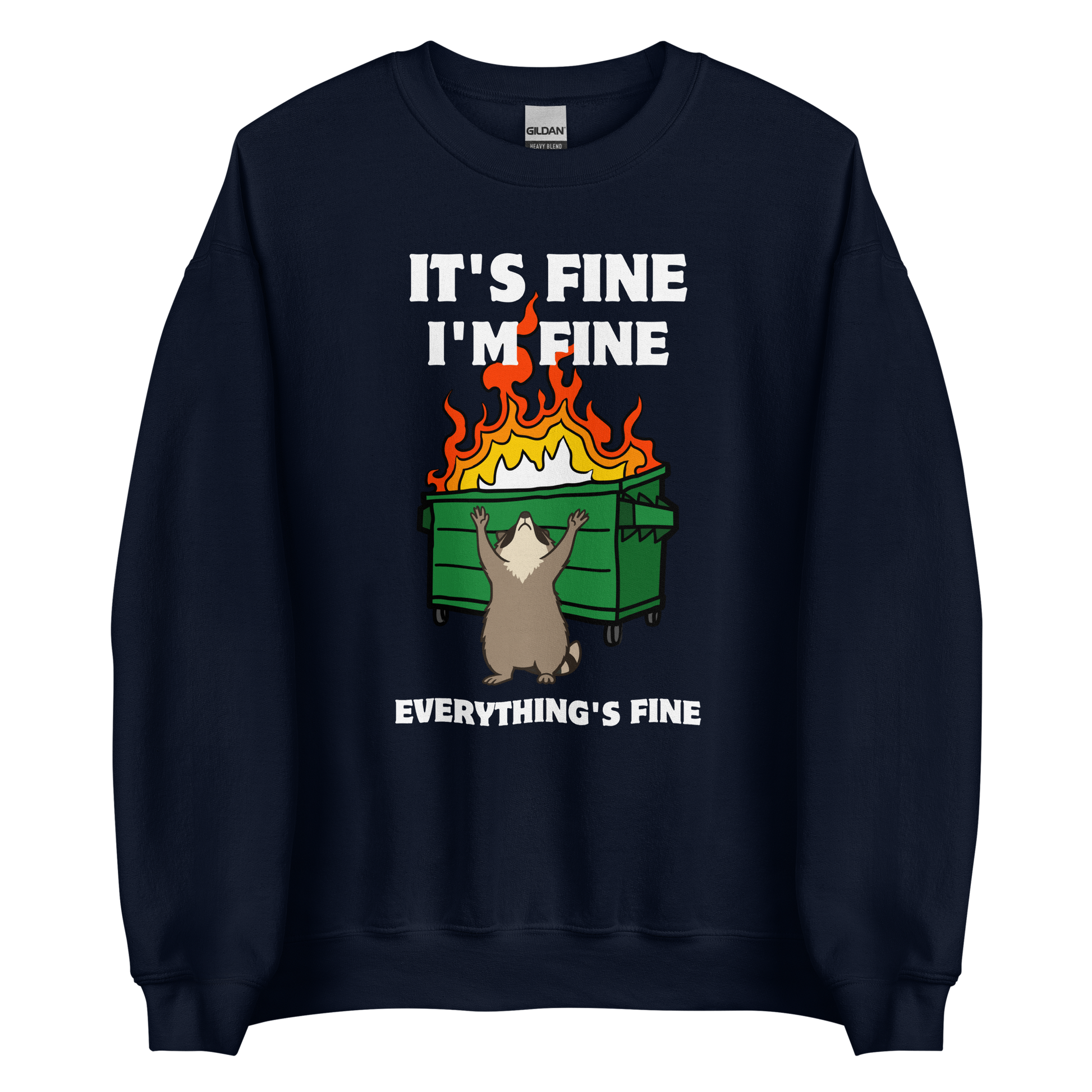 Funny Dumpster Fire Raccoon graphic sweatshirt in navy by Boozy Fox