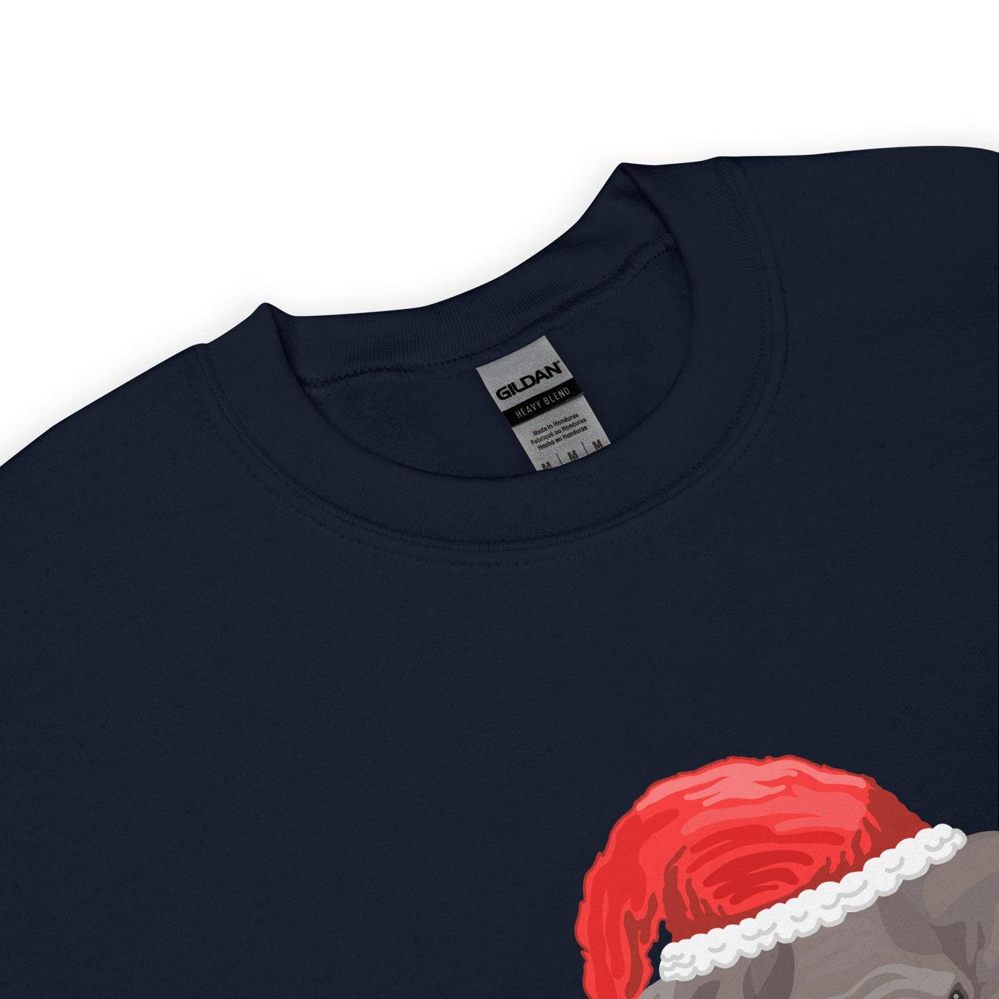 Product details of a Navy Christmas Elephant Sweatshirt featuring a delight Elephant Wearing an Elf Hat graphic on the chest - Funny Christmas Graphic Elephant Sweatshirts - Boozy Fox