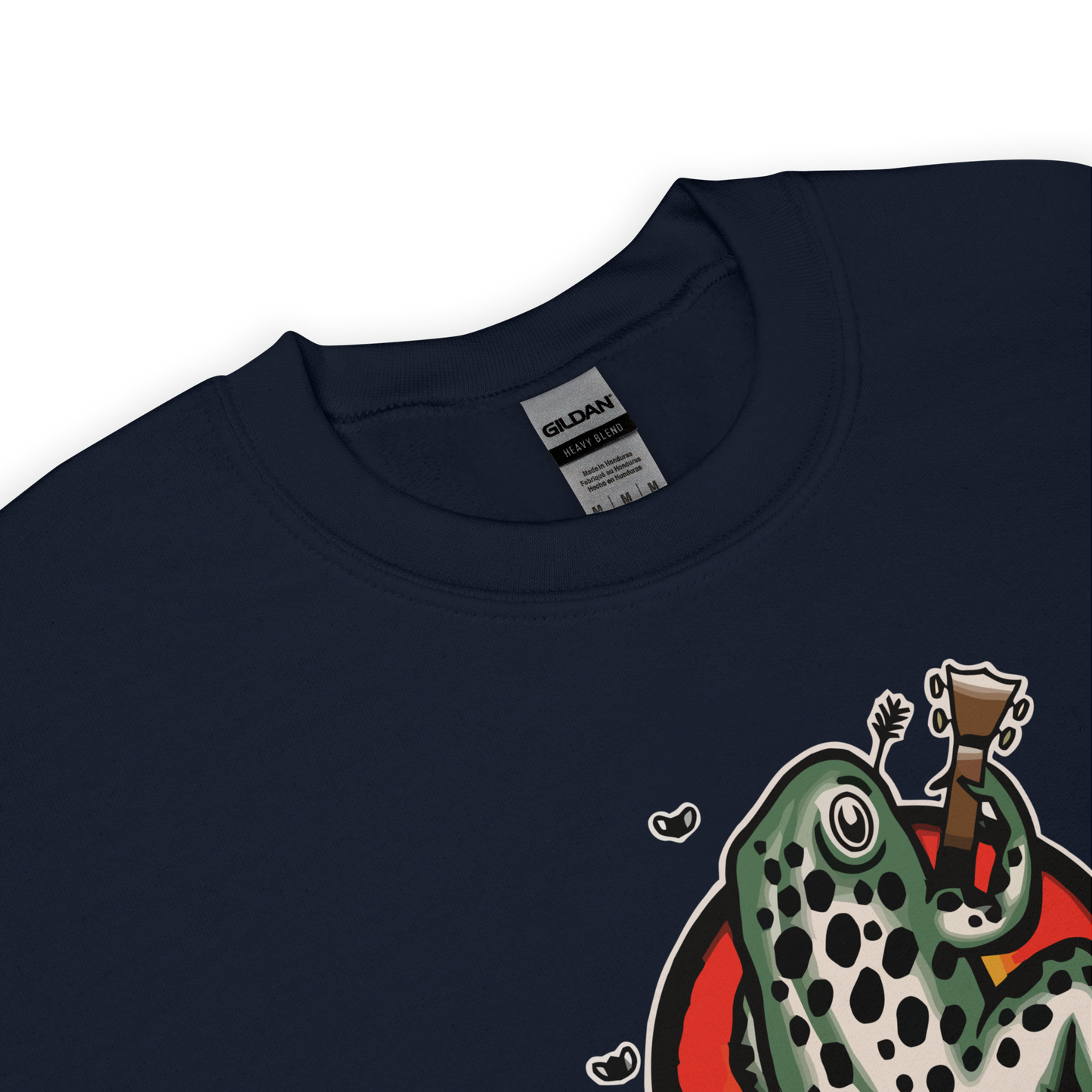 Product details of a Navy Frog Sweatshirt featuring the hilarious Frog 'n' Roll graphic on the chest - Funny Graphic Frog Sweatshirts - Boozy Fox