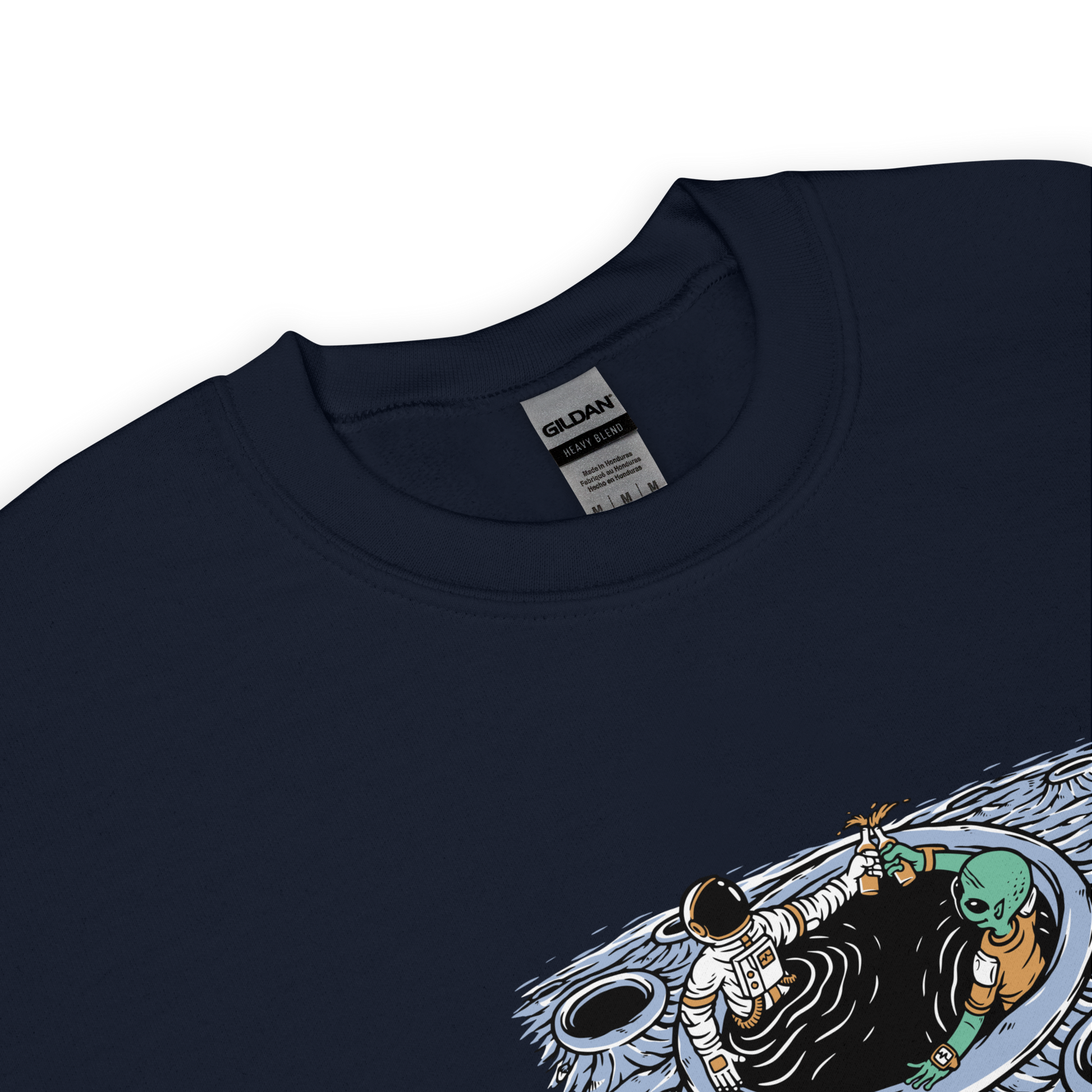 Product details of a Navy Galactic Hangs Sweatshirt featuring an out-of-this-world graphic of an Astronaut and Alien Chilling Together - Funny Graphic Space Sweatshirts - Boozy Fox
