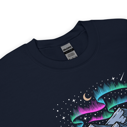 Product details of a Navy Let's Get Lost Sweatshirt featuring a mesmerizing night sky, adorned with stars and aurora borealis graphic on the chest - Cool Graphic Northern Lights Sweatshirts - Boozy Fox