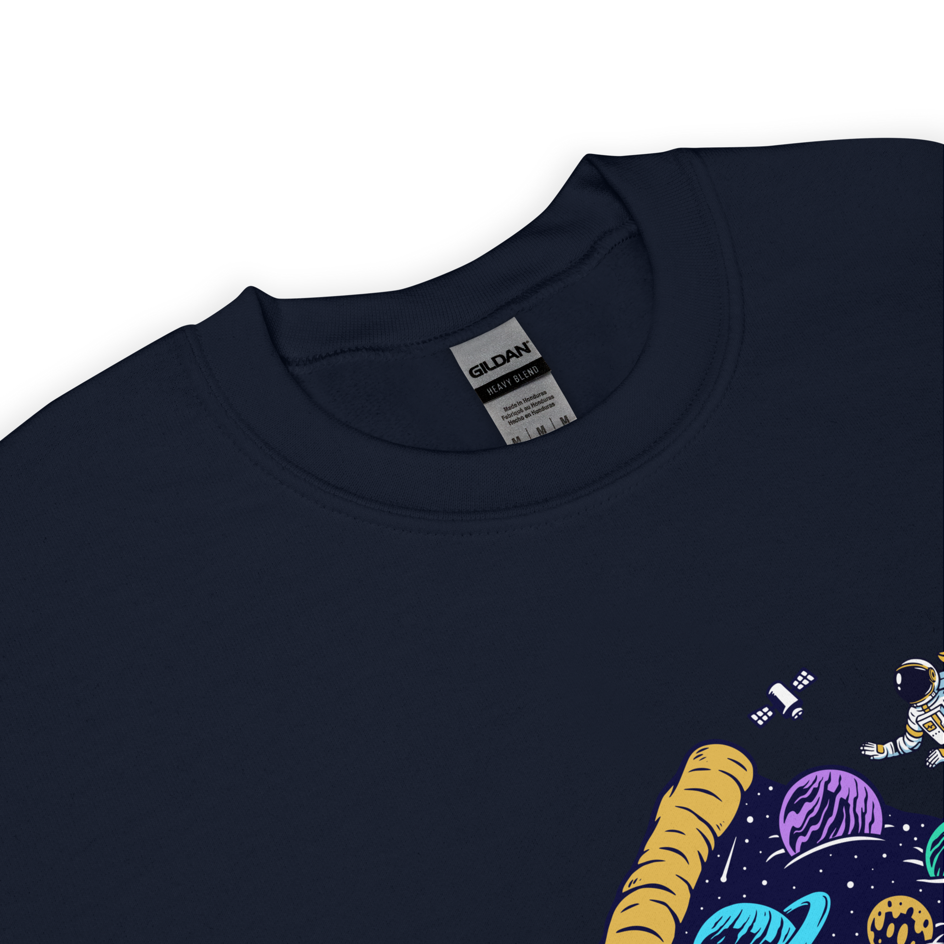 Product details of a Navy Cosmic Cravings Sweatshirt featuring an Astronaut Exploring a Pizza Universe graphic on the chest - Funny Graphic Space Sweatshirts - Boozy Fox