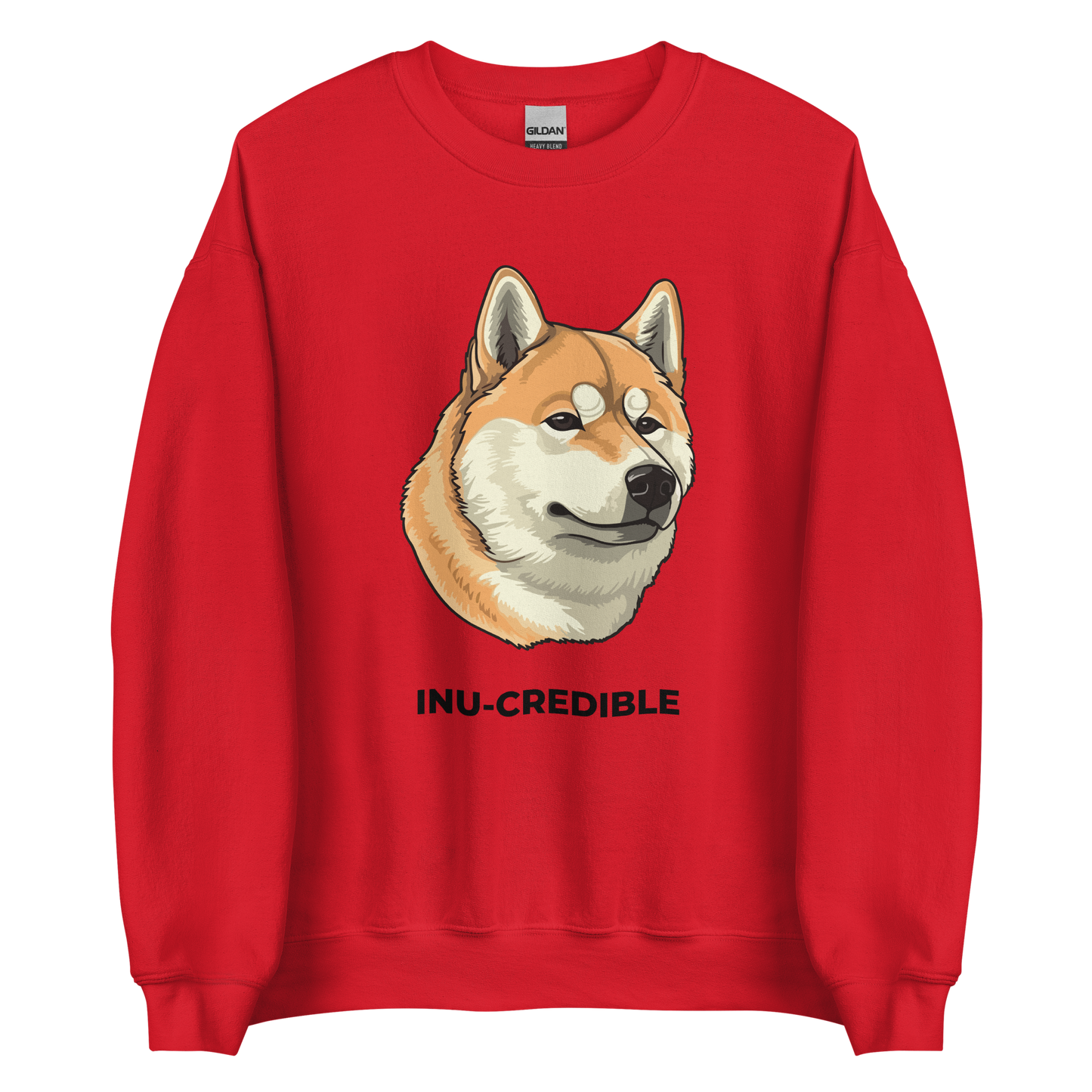 Red Shiba Inu Sweatshirt featuring the Inu-Credible graphic on the chest - Funny Graphic Shiba Inu Sweatshirts - Boozy Fox