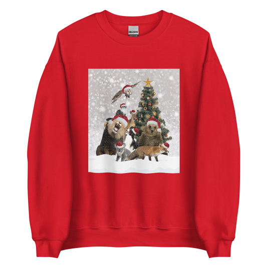 Red Christmas Animals Sweatshirt featuring a delightful Christmas Tree Surrounded by Adorable Animals graphic on the chest - Funny Christmas Sweatshirts - Boozy Fox