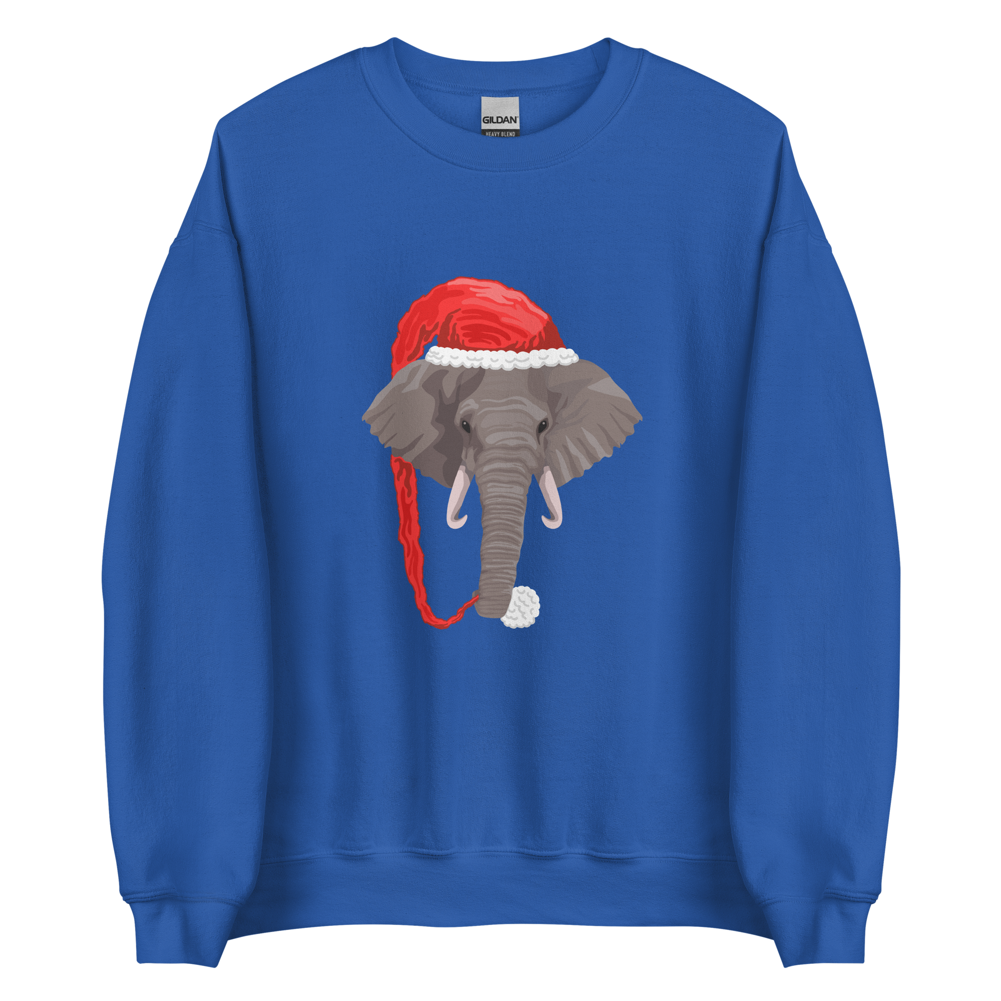 Royal Blue Christmas Elephant Sweatshirt featuring a delight Elephant Wearing an Elf Hat graphic on the chest - Funny Christmas Graphic Elephant Sweatshirts - Boozy Fox