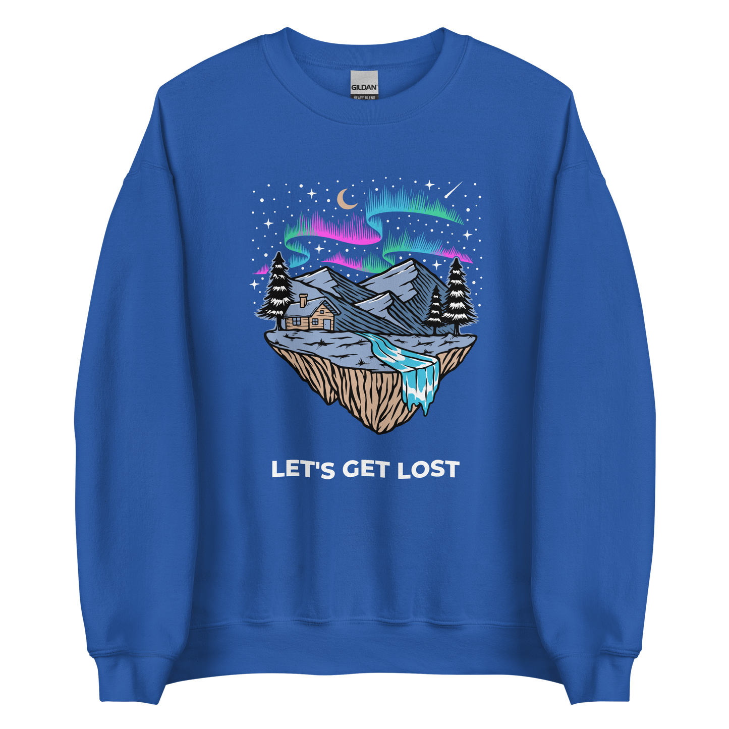 Royal Blue Let's Get Lost Sweatshirt featuring a mesmerizing night sky, adorned with stars and aurora borealis graphic on the chest - Cool Graphic Northern Lights Sweatshirts - Boozy Fox