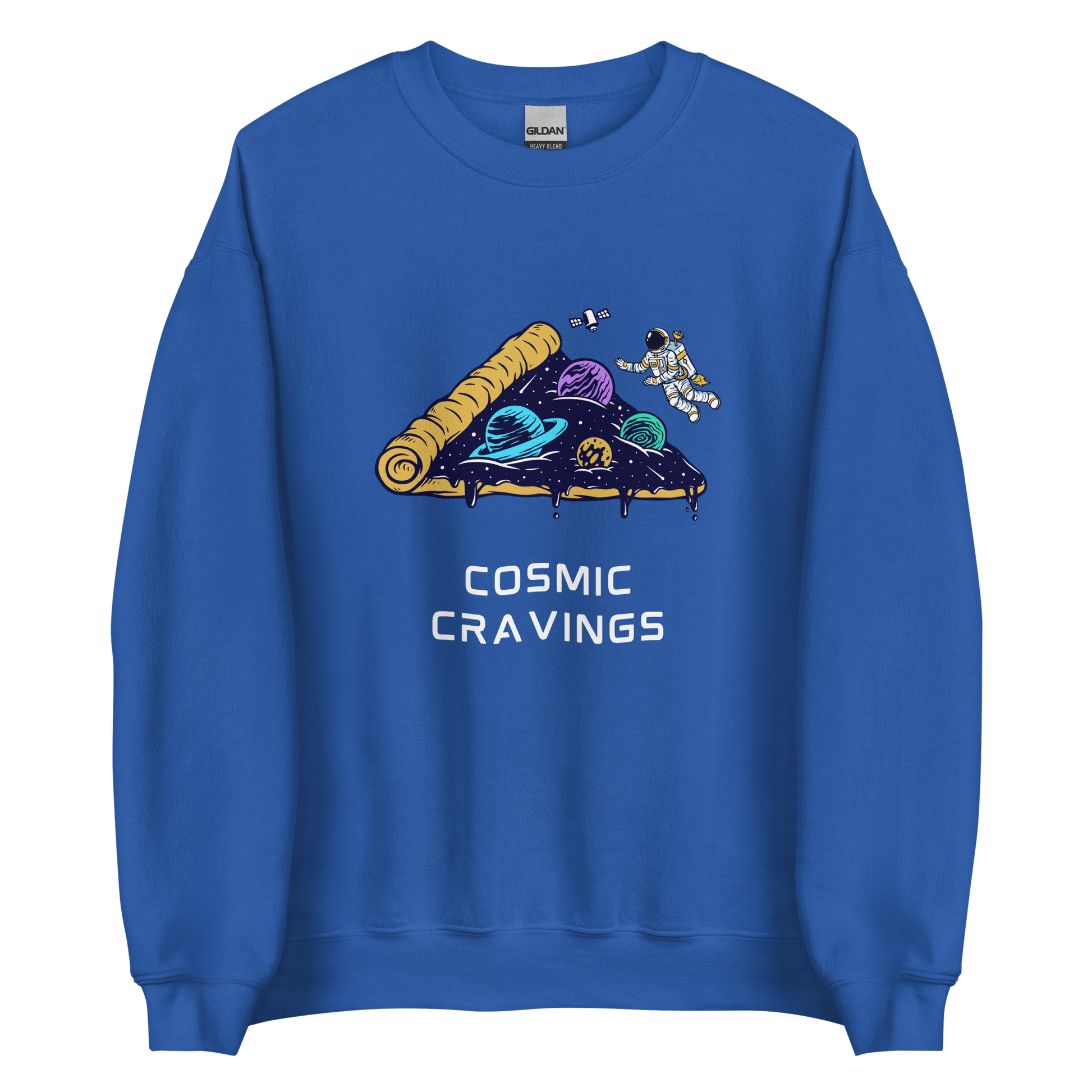 Royal Blue Cosmic Cravings Sweatshirt featuring an Astronaut Exploring a Pizza Universe graphic on the chest - Funny Graphic Space Sweatshirts - Boozy Fox