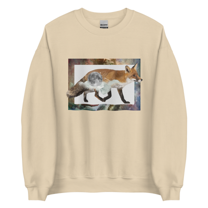 Sand Color Fox Sweatshirt featuring an eye-catching Space Fox graphic on the chest - Cool Graphic Fox Sweatshirts - Boozy Fox