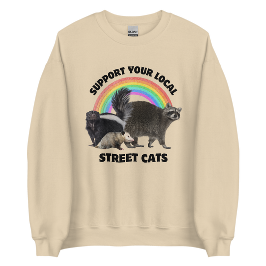 Sand Color Street Cats Sweatshirt featuring a hilarious 'Support Your Local Street Cats' graphic on the chest - Funny Graphic Animal Sweatshirts - Boozy Fox