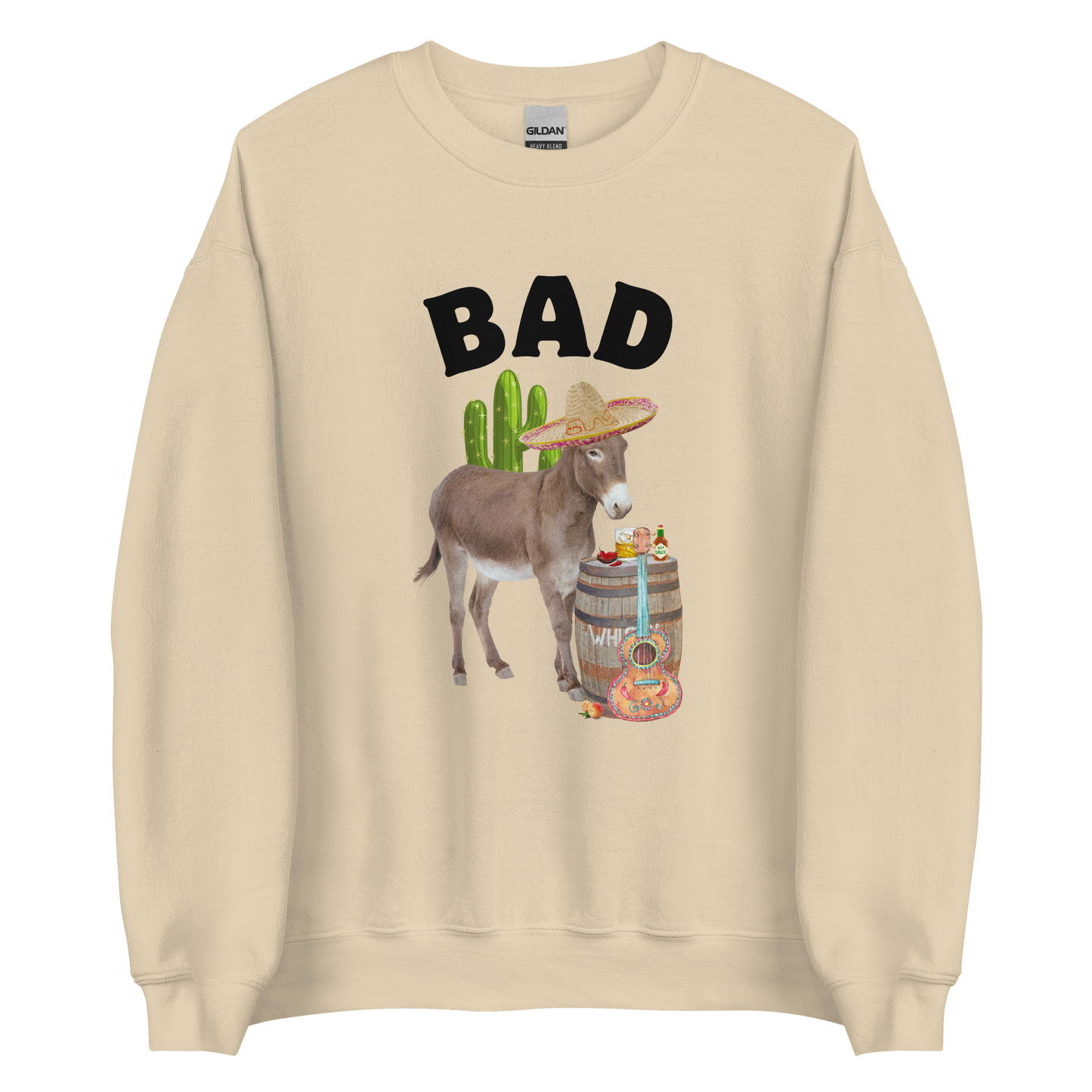 Sand Color Donkey Sweatshirt featuring a Funny Bad Ass Donkey graphic on the chest - Funny Graphic Bad Ass Donkey Sweatshirts - Boozy Fox