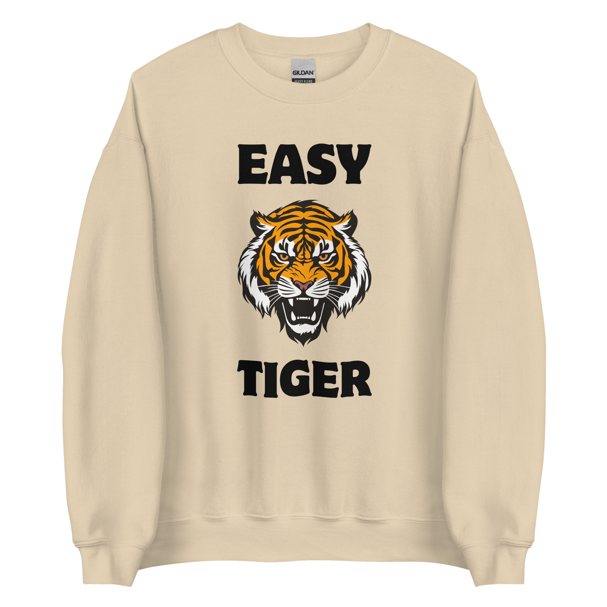 Sand Colored Tiger Sweatshirt featuring a Easy Tiger graphic on the chest - Funny Graphic Tiger Sweatshirts - Boozy Fox