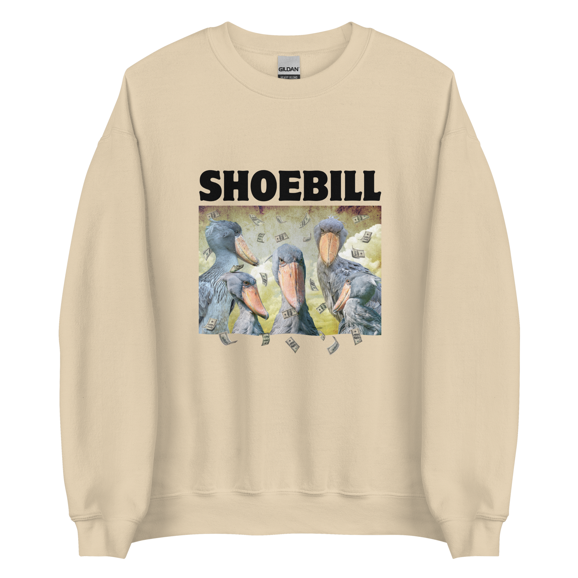 Sand Colored Shoebill Sweatshirt featuring a cool Shoebill graphic on the chest - Artsy/Funny Graphic Shoebill Stork Sweatshirts - Boozy Fox
