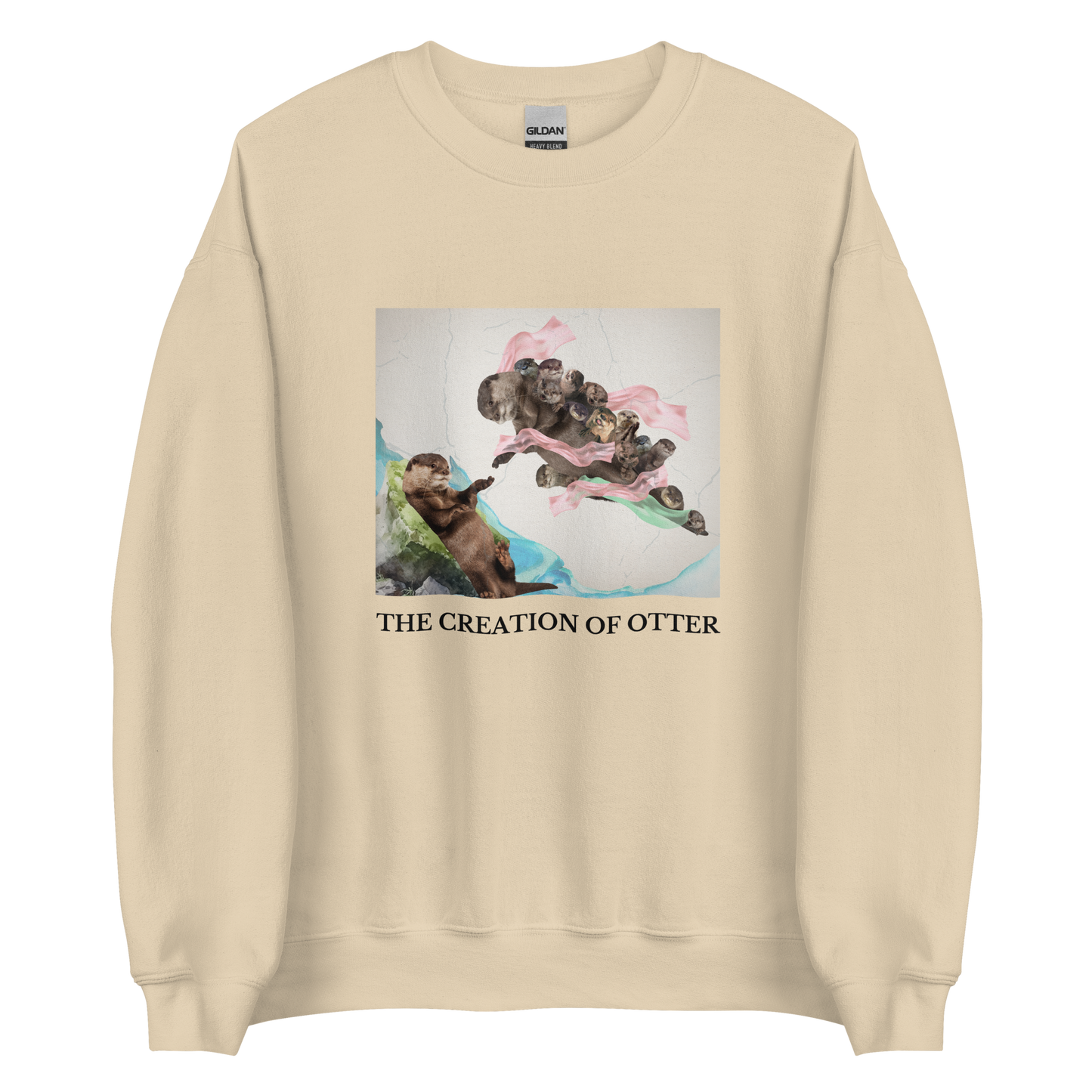 Sand Colored Otter Sweatshirt featuring a playful The Creation of Otter parody of Michelangelo's masterpiece - Artsy/Funny Graphic Otter Sweatshirts - Boozy Fox