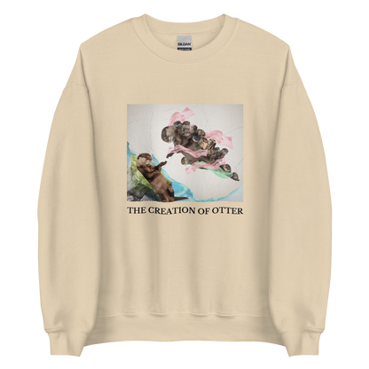 Sand Colored Otter Sweatshirt featuring a playful The Creation of Otter parody of Michelangelo's masterpiece - Artsy/Funny Graphic Otter Sweatshirts - Boozy Fox