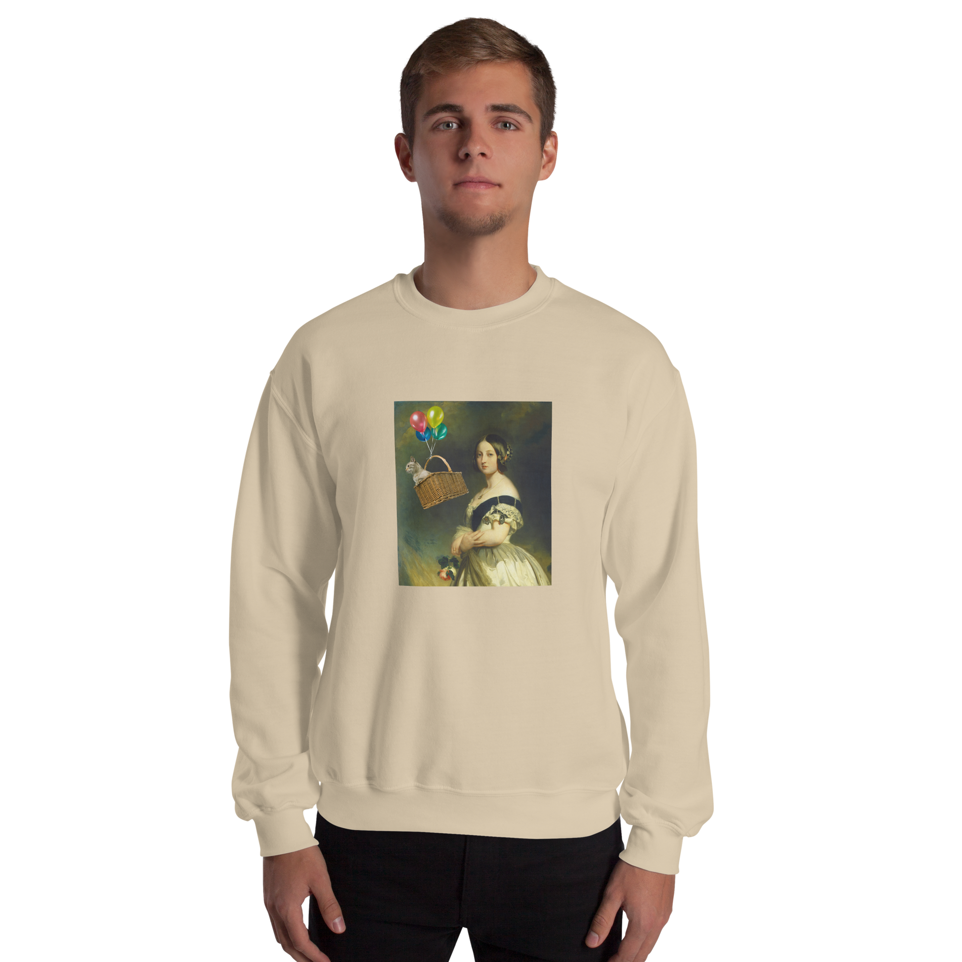 Man wearing a Sand Young Queen Victoria Sweatshirt - Boozy Fox