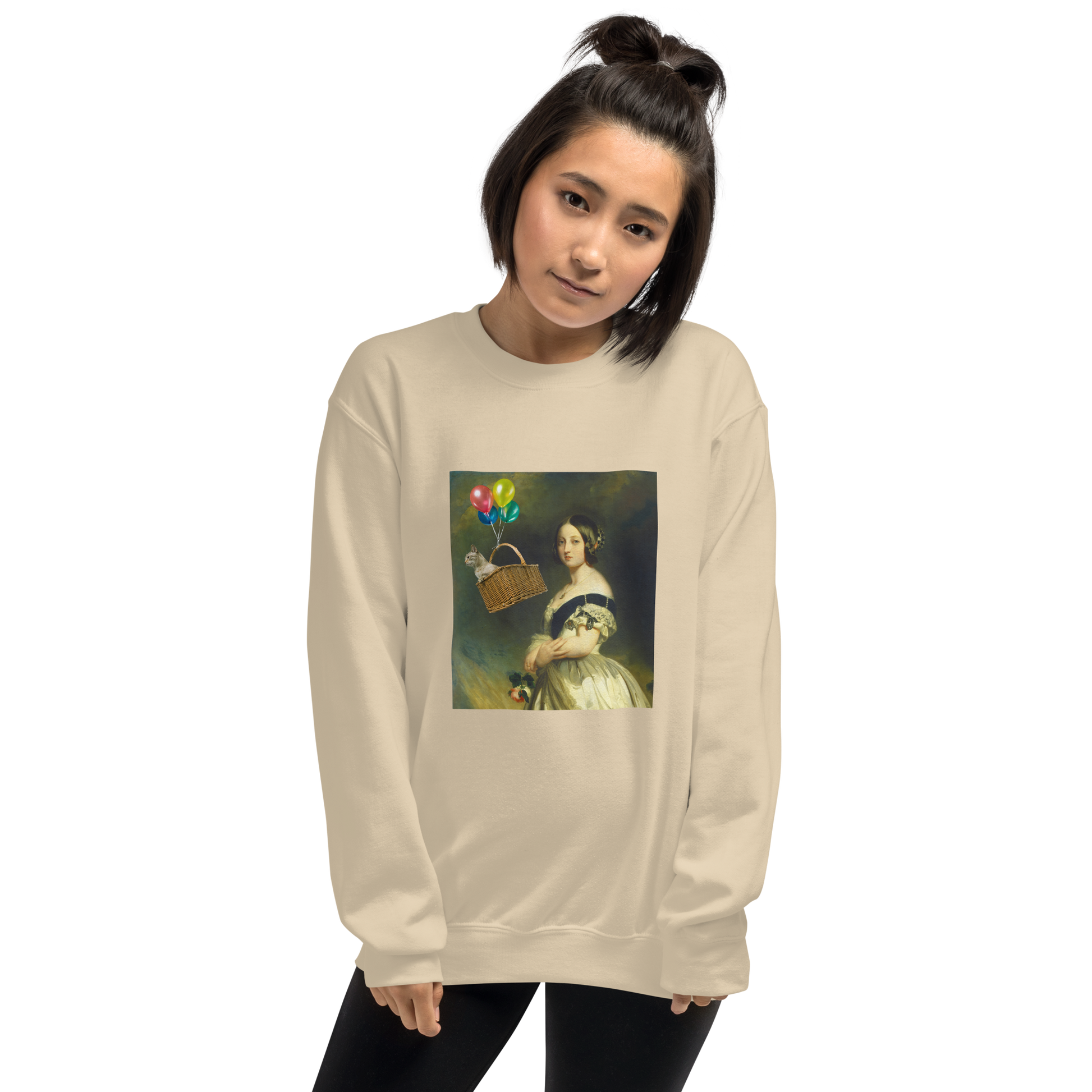 Woman wearing a Sand Young Queen Victoria Sweatshirt - Boozy Fox