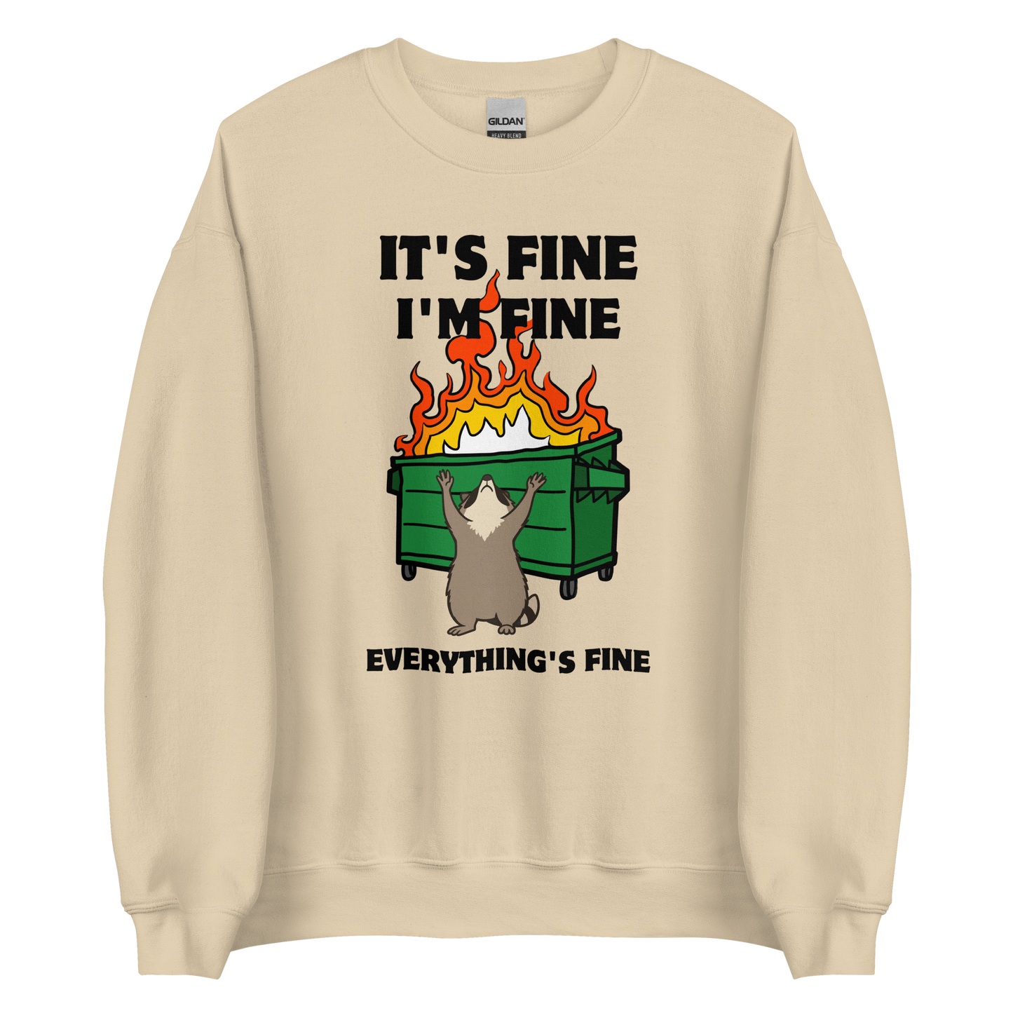 Funny Dumpster Fire Raccoon graphic sweatshirt in sand by Boozy Fox