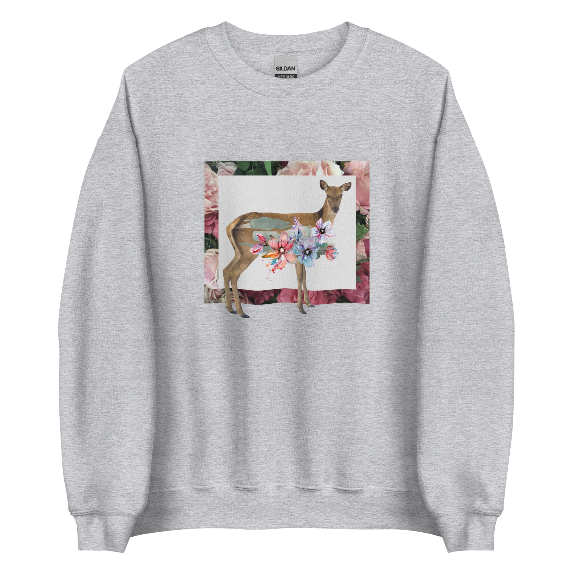 Sport Grey Floral Deer Sweatshirt featuring a beautifully detailed vibrant Floral Deer graphic on the chest - Cute Graphic Deer Sweatshirts - Boozy Fox
