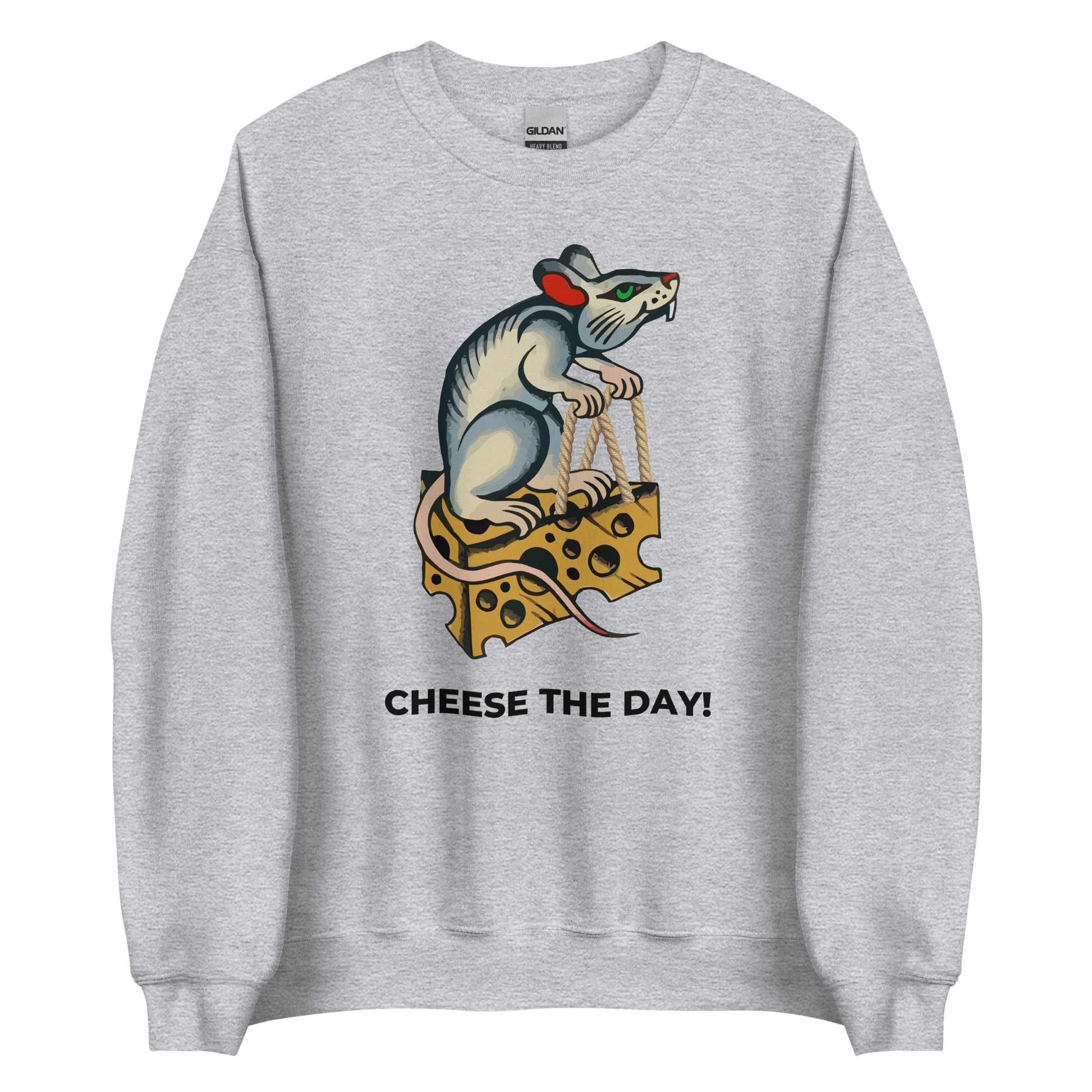 Sport Grey Rat Sweatshirt featuring a hilarious Cheese The Day graphic on the chest - Funny Graphic Rat Sweatshirts - Boozy Fox