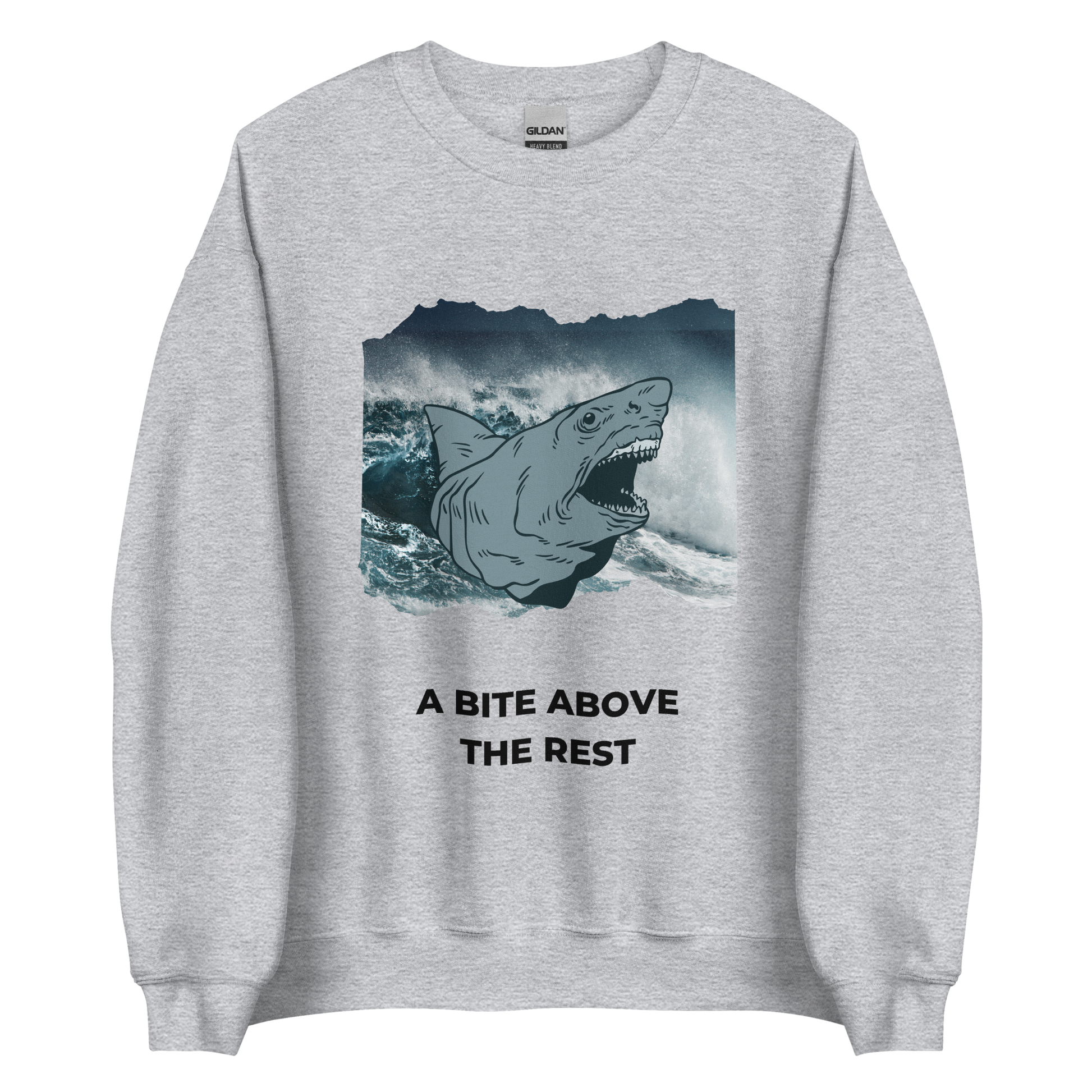 Sport Grey Megalodon Sweatshirt featuring the 'A Bite Above the Rest' graphic on the chest - Funny Graphic Megalodon Sweatshirts - Boozy Fox
