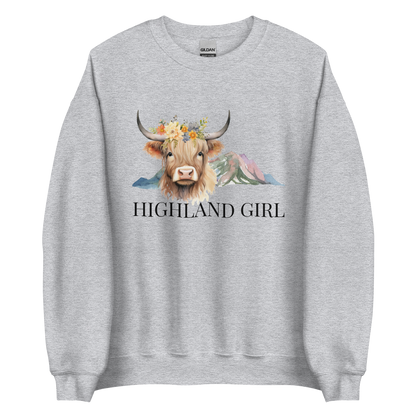 Sport Grey Highland Cow Sweatshirt featuring an adorable Highland Girl graphic on the chest - Cute Graphic Highland Cow Sweatshirts - Boozy Fox