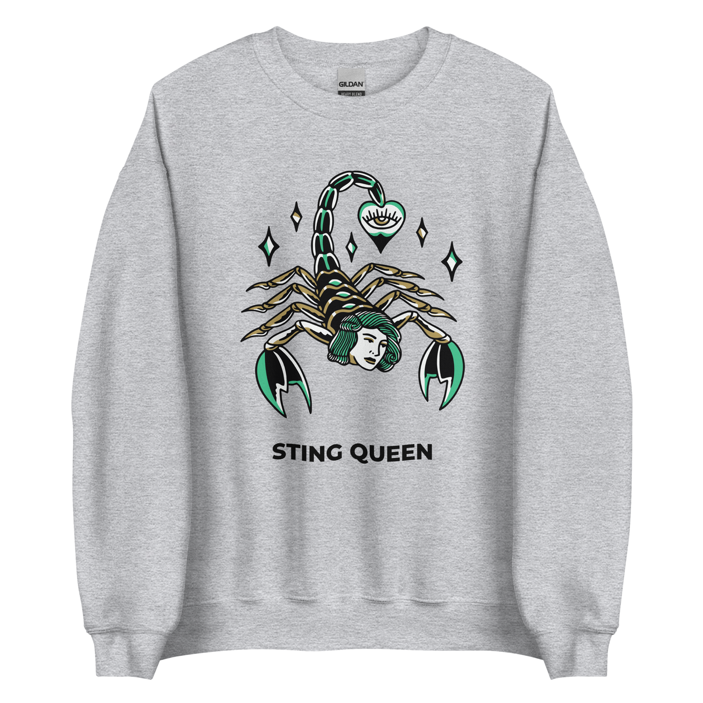 Sport Grey Scorpion Sweatshirt featuring the Sting Queen graphic on the chest - Cool Graphic Scorpion Sweatshirts - Boozy Fox