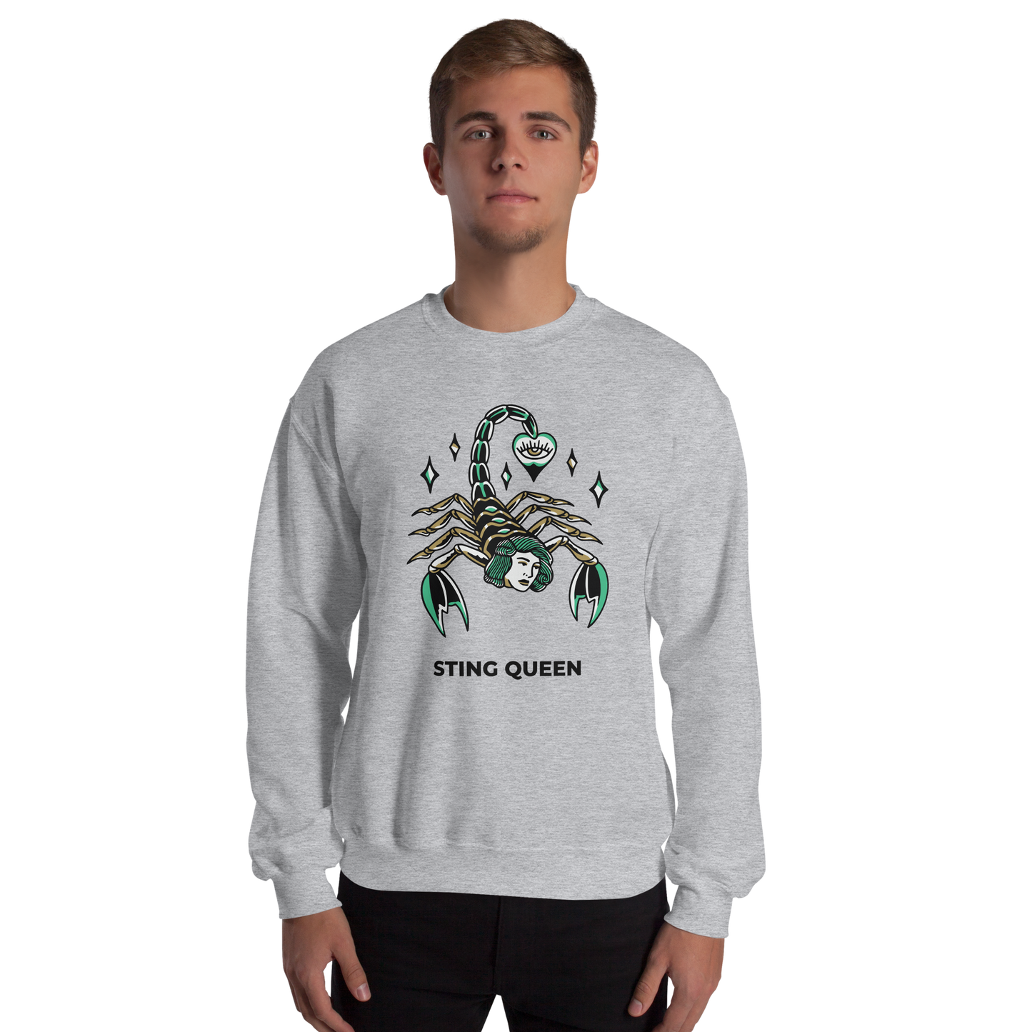 Man wearing a Sport Grey Scorpion Sweatshirt featuring the Sting Queen graphic on the chest - Cool Graphic Scorpion Sweatshirts - Boozy Fox