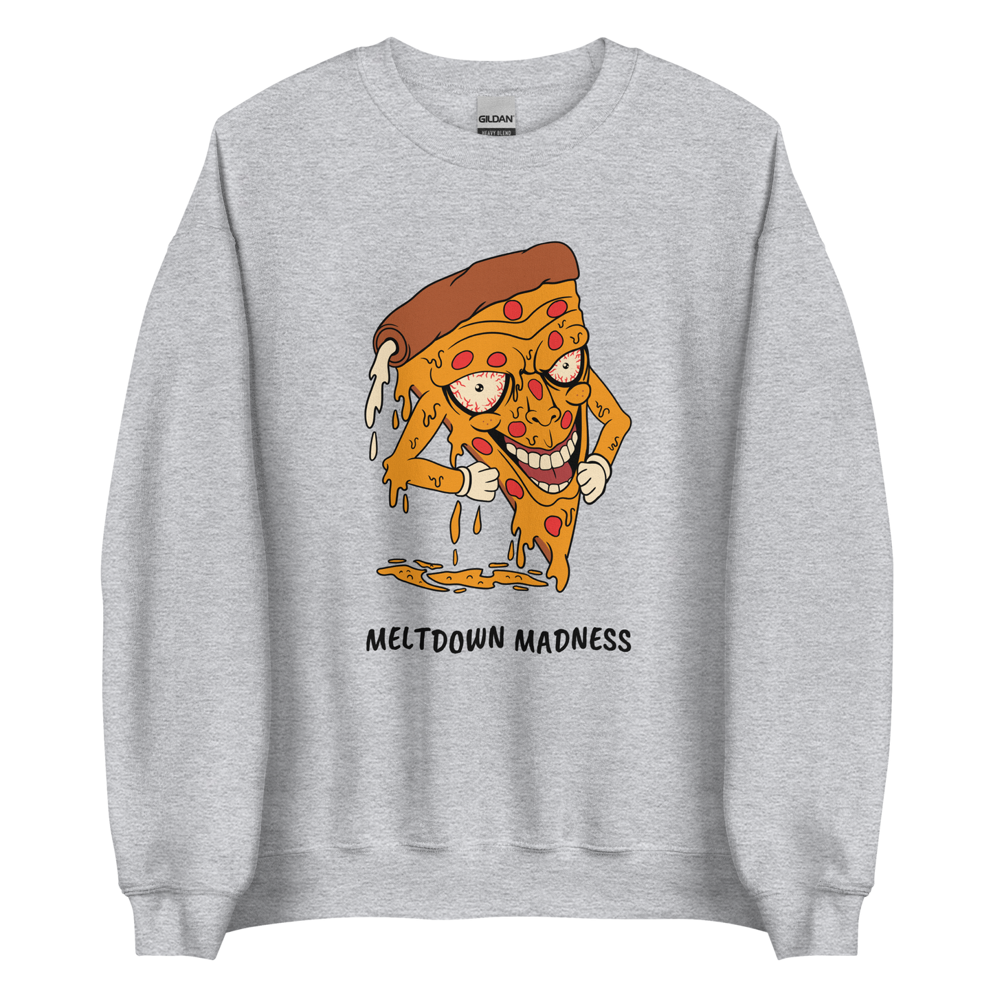 Sport Grey Melting Pizza Sweatshirt featuring a Meltdown Madness graphic on the chest - Funny Graphic Pizza Sweatshirts - Boozy Fox