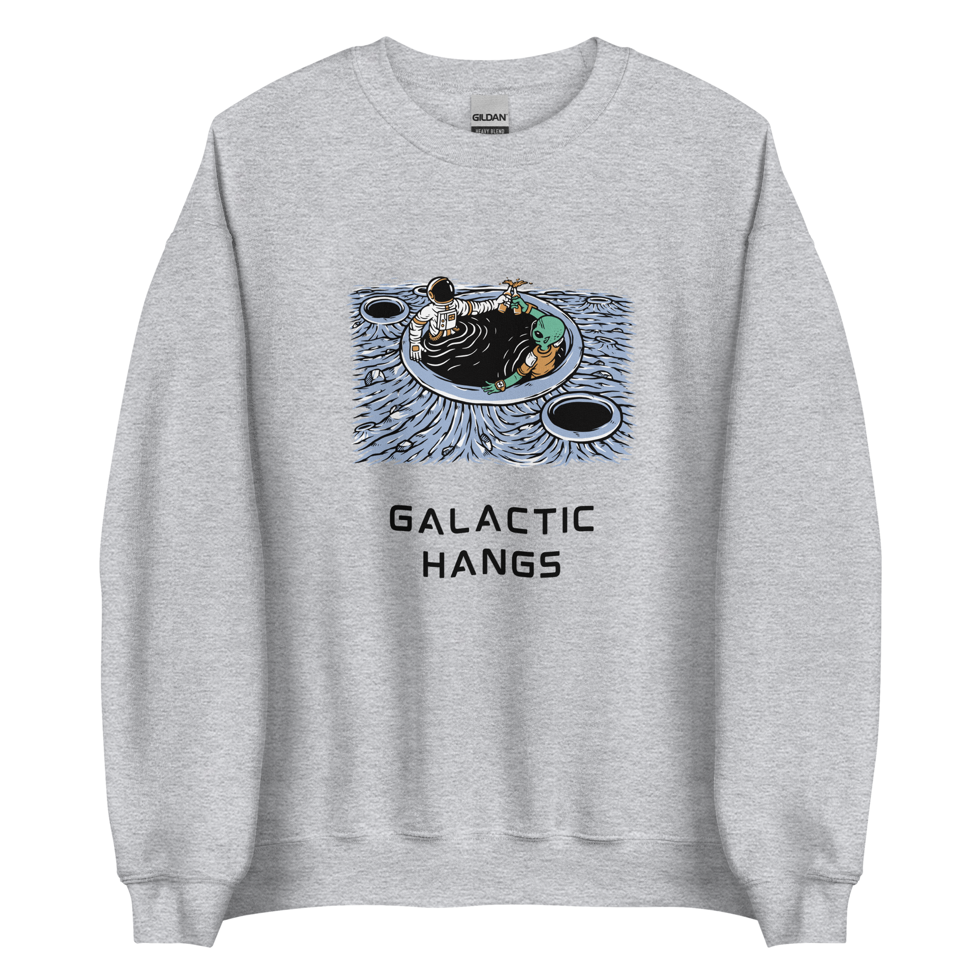 Sport Grey Galactic Hangs Sweatshirt featuring an out-of-this-world graphic of an Astronaut and Alien Chilling Together - Funny Graphic Space Sweatshirts - Boozy Fox