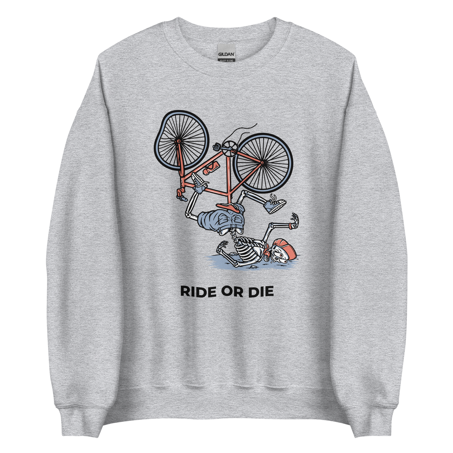 Sport Grey Ride or Die Sweatshirt featuring a bold Skeleton Falling While Riding a Bicycle graphic on the chest - Funny Graphic Skeleton Sweatshirts - Boozy Fox