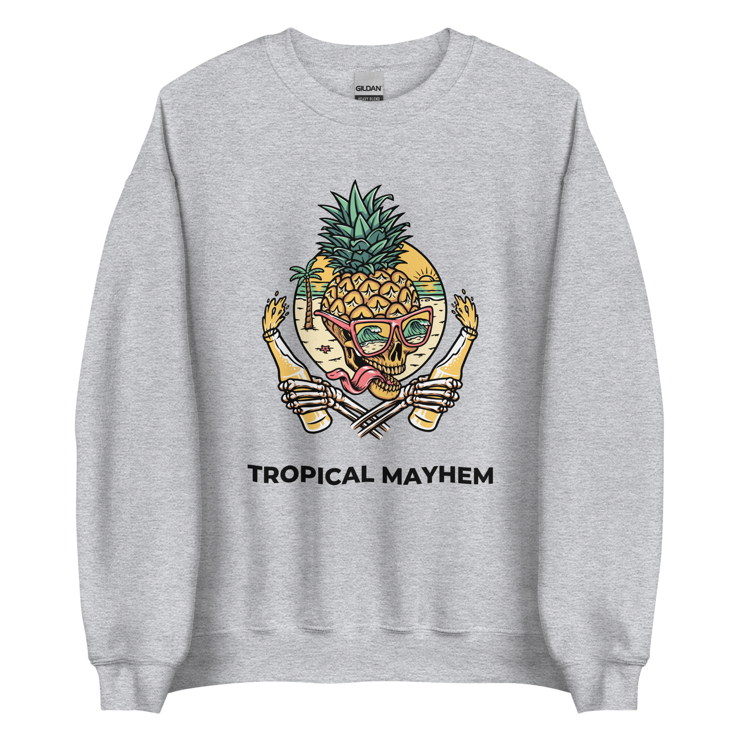 Sport Grey Tropical Mayhem Sweatshirt featuring a Crazy Pineapple Skull graphic on the chest - Funny Graphic Pineapple Sweatshirts - Boozy Fox