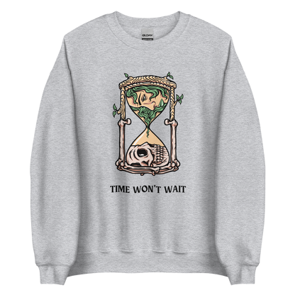 Sport Grey Hourglass Sweatshirt featuring a captivating Time Won't Wait graphic on the chest - Cool Graphic Hourglass Sweatshirts - Boozy Fox
