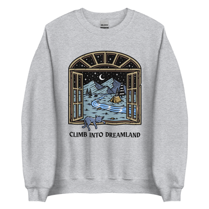 Sport Grey Climb Into Dreamland Sweatshirt featuring a mesmerizing mountain view graphic on the chest - Cool Graphic Nature Sweatshirts - Boozy Fox