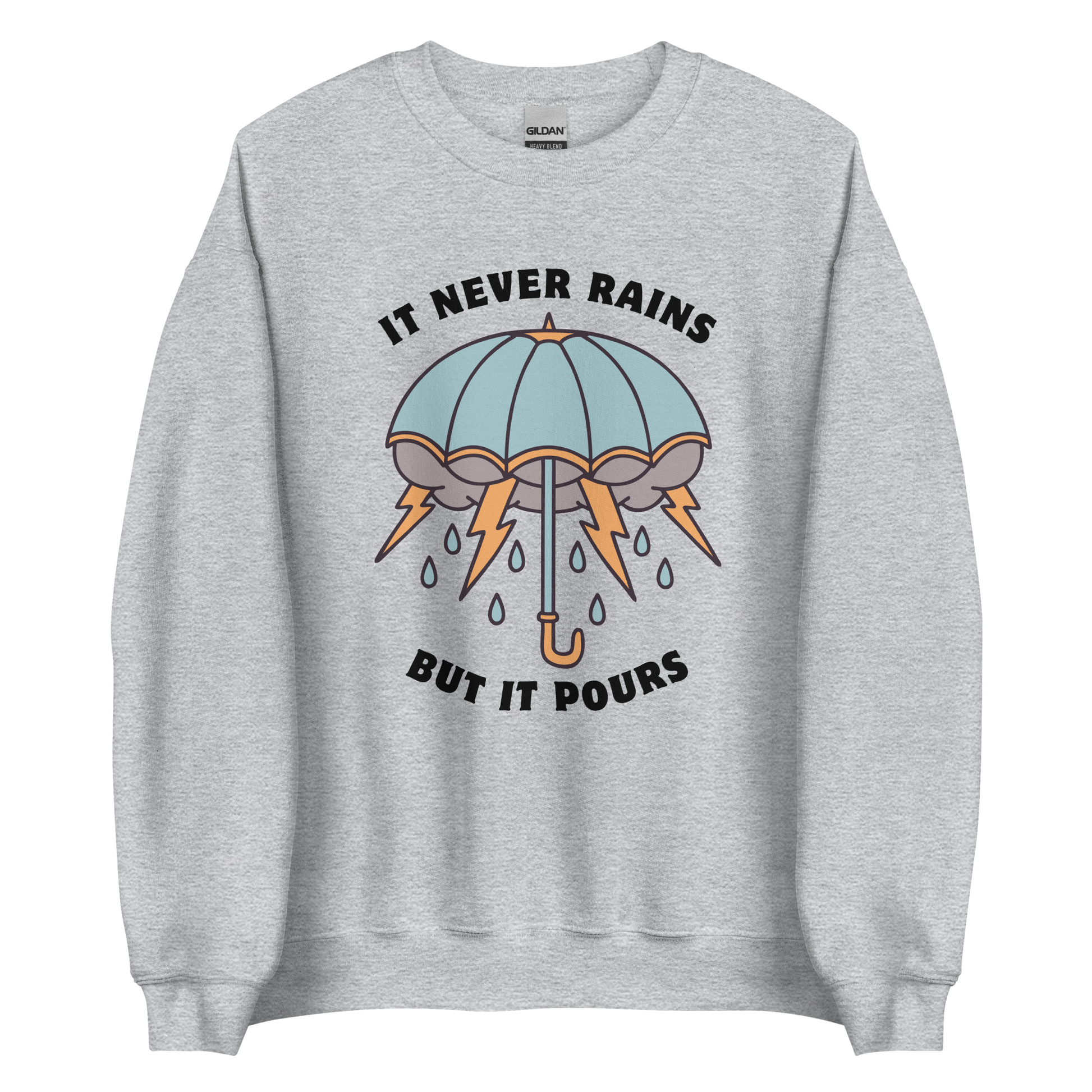 Sport Grey Umbrella Sweatshirt featuring a unique It Never Rains But It Pours graphic on the chest - Cool Tattoo-Inspired Graphic Umbrella Sweatshirts - Boozy Fox