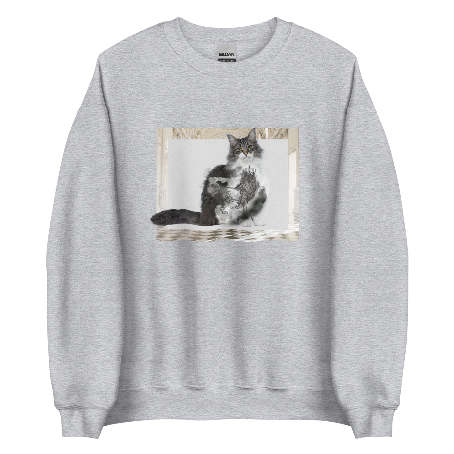 Sport Grey Royal Cat Sweatshirt featuring a Majestic Cat graphic on the chest - Cute Graphic Cat Sweatshirts - Boozy Fox