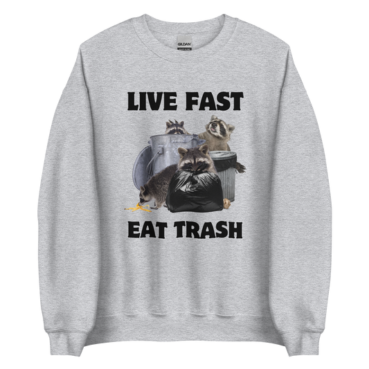 Sport Grey Raccoon Sweatshirt featuring a hilarious Live Fast Eat Trash graphic on the chest - Funny Graphic Raccoon Sweatshirts - Boozy Fox