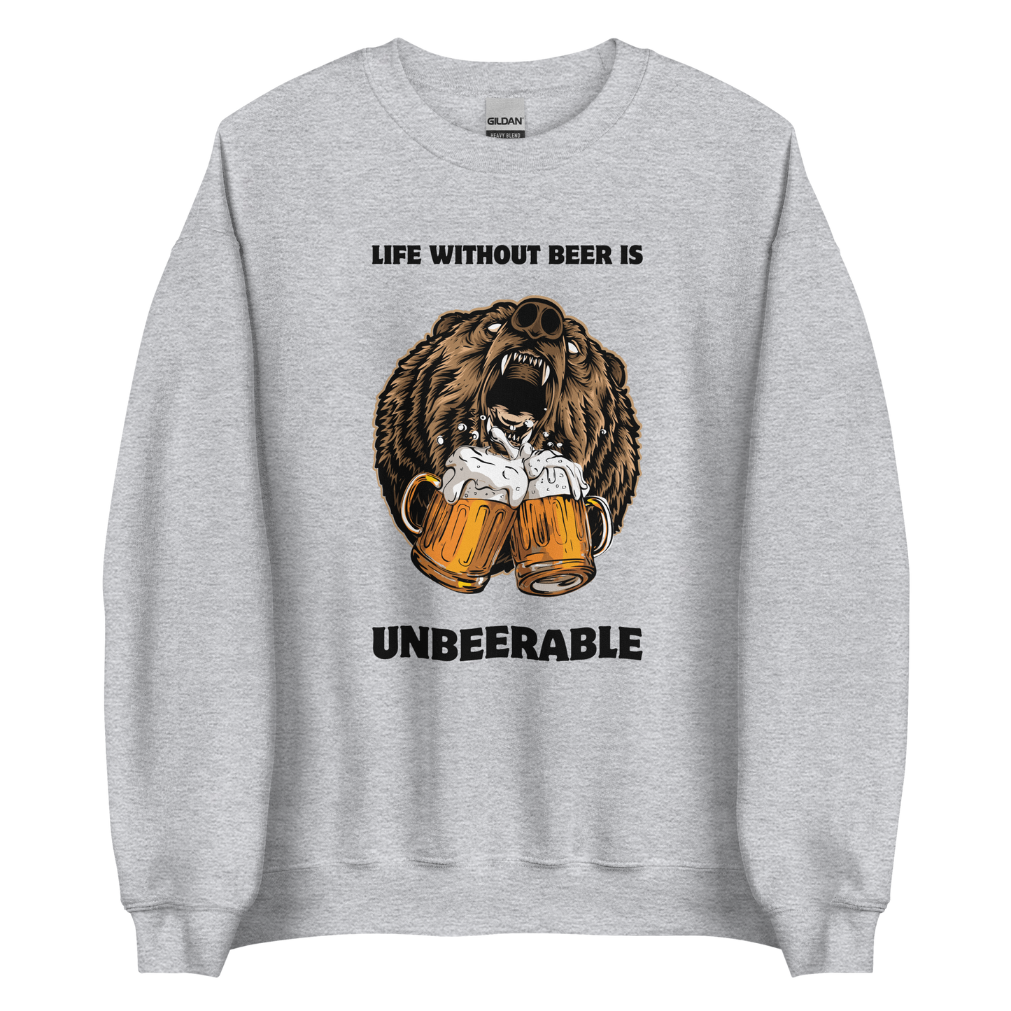 Sport Grey Bear Sweatshirt featuring a Life Without Beer Is Unbeerable graphic on the chest - Funny Graphic Bear Sweatshirts - Boozy Fox