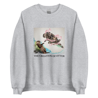 Sport Grey Otter Sweatshirt featuring a playful The Creation of Otter parody of Michelangelo's masterpiece - Artsy/Funny Graphic Otter Sweatshirts - Boozy Fox