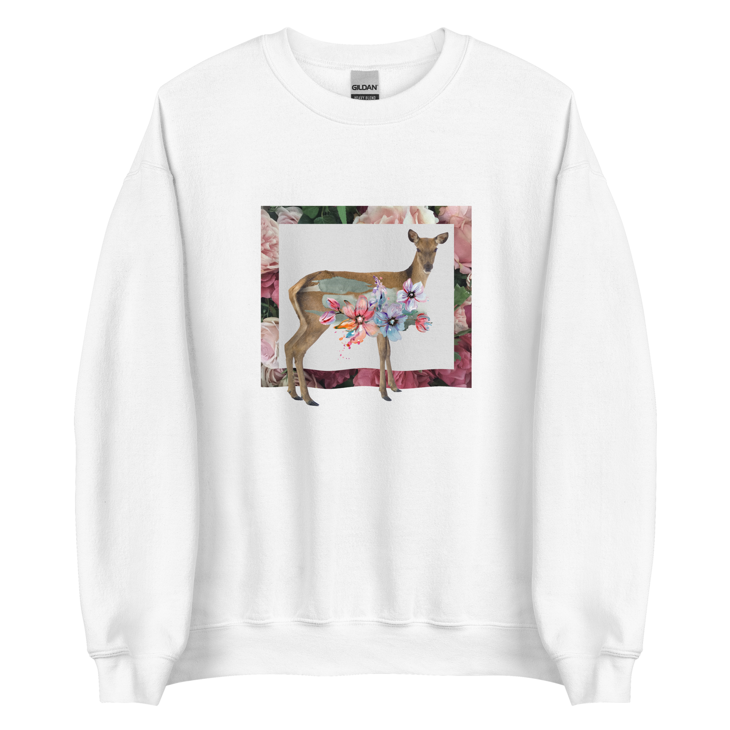 White Floral Deer Sweatshirt featuring a beautifully detailed vibrant Floral Deer graphic on the chest - Cute Graphic Deer Sweatshirts - Boozy Fox