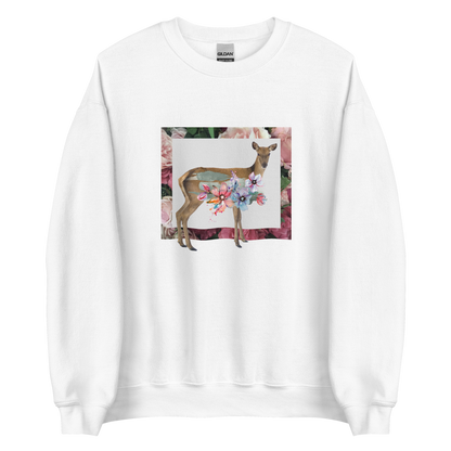 White Floral Deer Sweatshirt featuring a beautifully detailed vibrant Floral Deer graphic on the chest - Cute Graphic Deer Sweatshirts - Boozy Fox