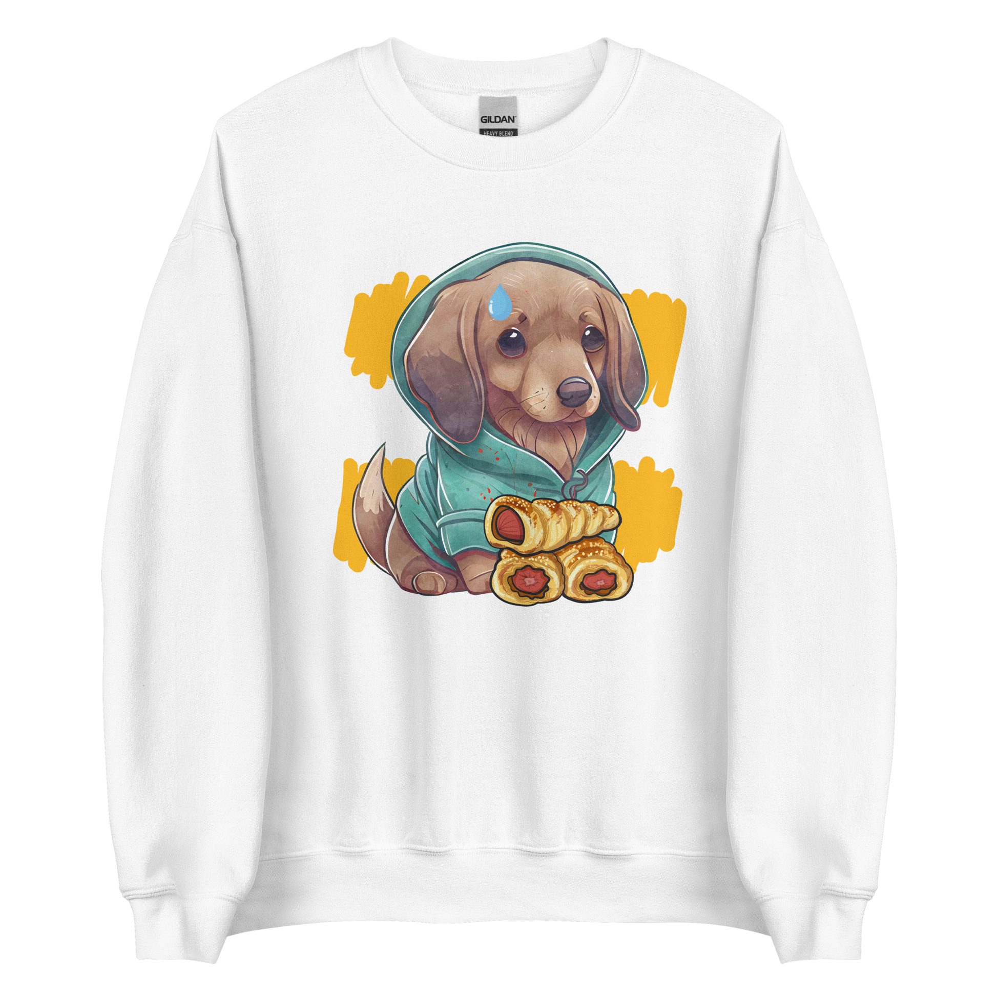 White Sausage Dog Sweatshirt featuring an adorable Sausage Roll Dachshund graphic on the chest - Funny Graphic Sausage Dog Sweatshirts - Boozy Fox