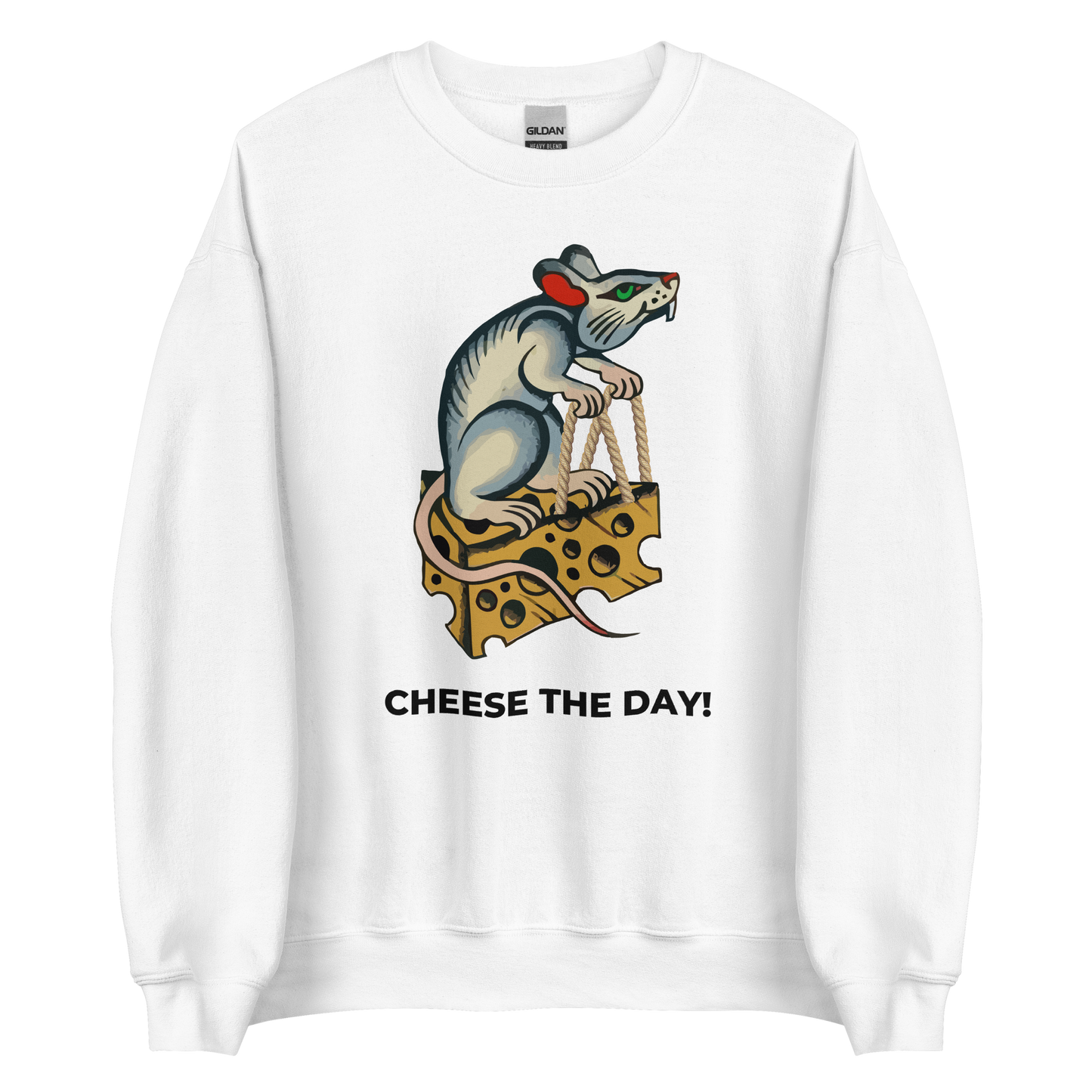 White Rat Sweatshirt featuring a hilarious Cheese The Day graphic on the chest - Funny Graphic Rat Sweatshirts - Boozy Fox