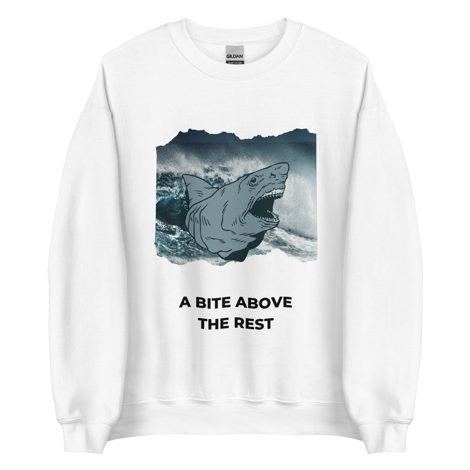 White Megalodon Sweatshirt featuring the 'A Bite Above the Rest' graphic on the chest - Funny Graphic Megalodon Sweatshirts - Boozy Fox