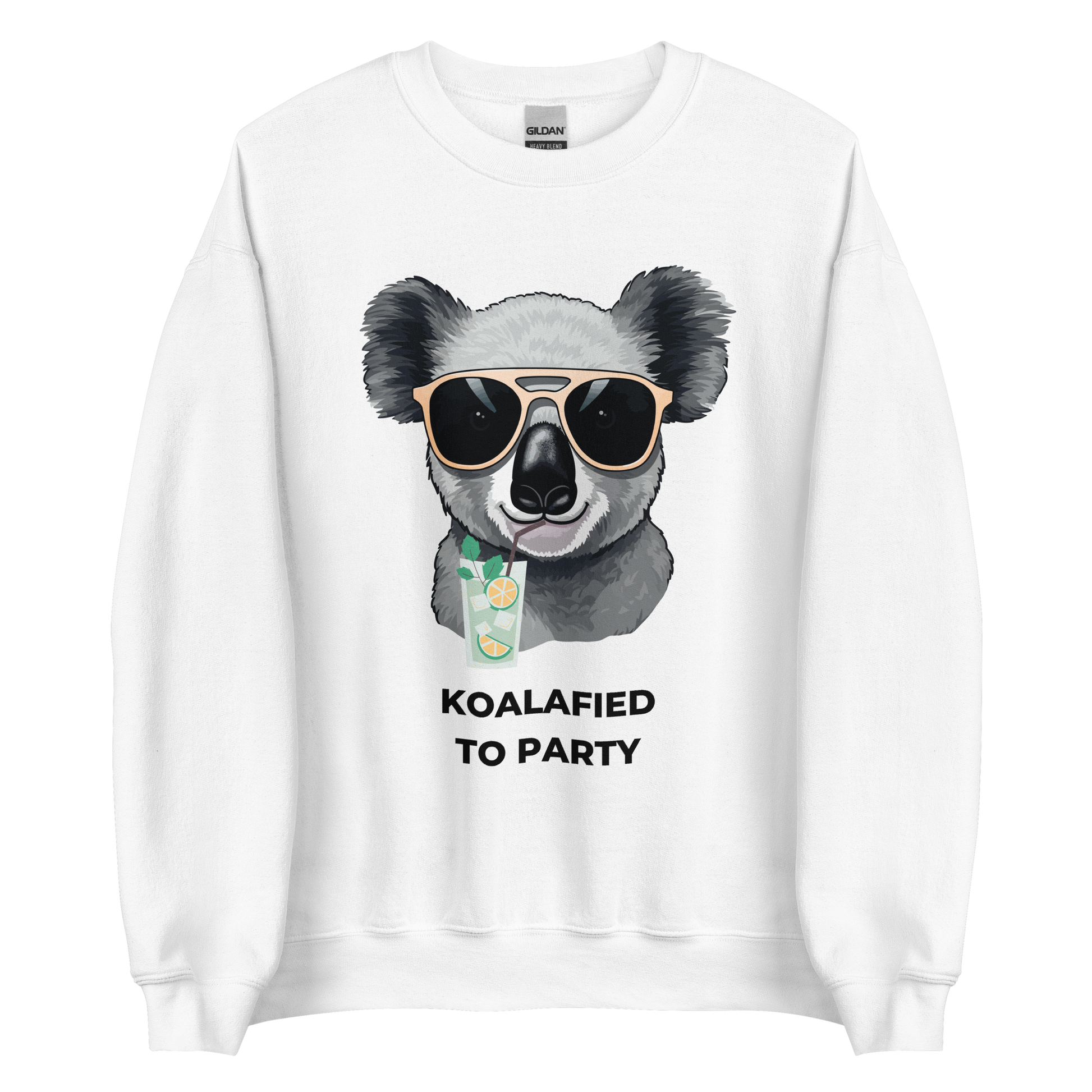 White Koala Sweatshirt featuring an adorable Koalafied To Party graphic on the chest - Funny Graphic Koala Sweatshirts - Boozy Fox